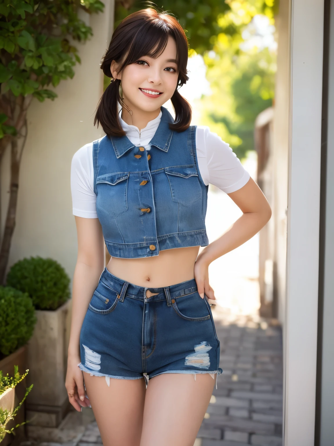 (sfw:1.5)、(((1 female)))、masterpiece, RAW Photos, highest quality, reality、Depth of written boundary, Lens flare, (Low cut and tight )、(ultra short distance,Denim hot pants)),((Telegraph slang)),((Long legs)), (Thigh Gap:1.5),Small waist、(Wide Hips),(Big Ass),pretty girl, Idol,(Big smile:1.3),Small waist、(Big Ass:1.6),(White crop top:1.5)、Brightly colored vest, short hair, Redhead, reality的, photo shoot,(Exquisite detail), Very detailed, High resolution, original, highest quality, Detailed face, (Very beautiful face, Beautiful Lips, Beautiful big eyes、Droopy eyes), A face with intricate details, (Plump red lips),(Thigh Gap:1.5),Small waist、(Wide Hips) 、short hair, Black Hair、Twin tails,Open chest, Turn around, (((Buckshot)))