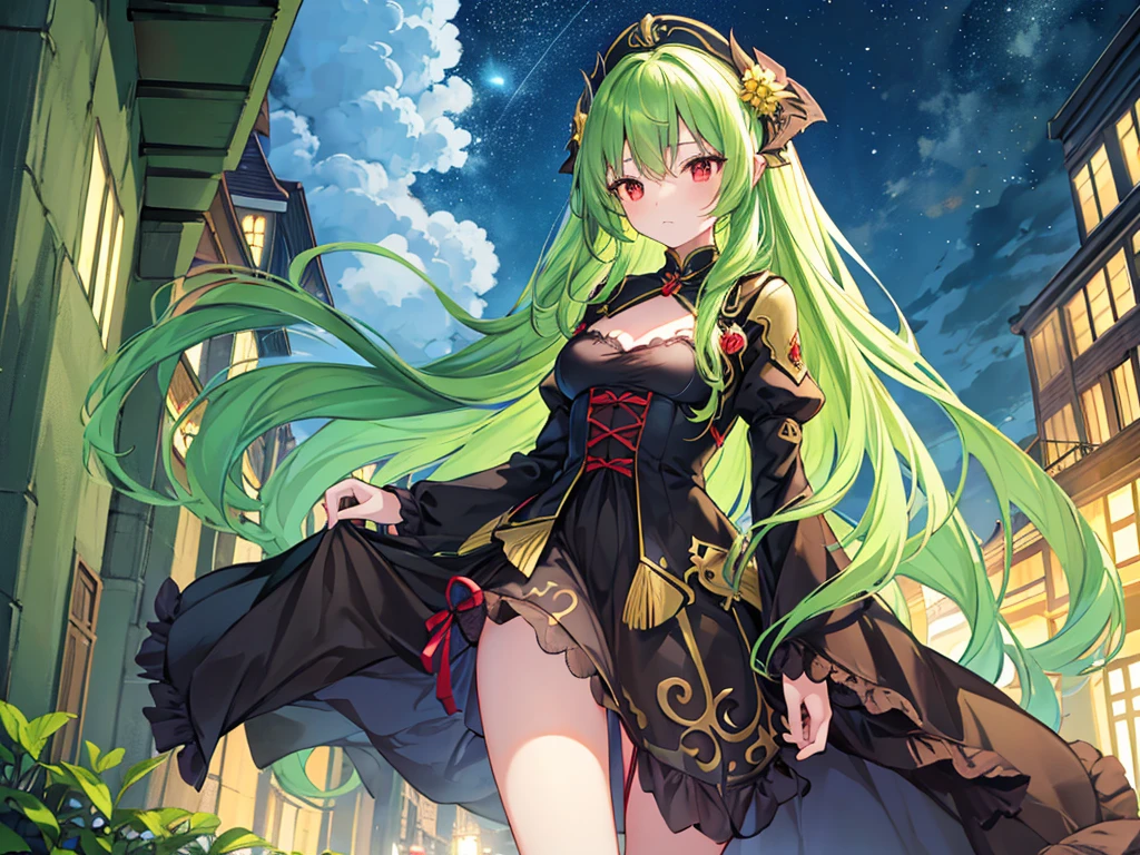 Written boundary depth, profile, A neat figure, Beautiful detailed girl, One Woman、Long hair with inner color, Beautiful yellow-green hair,Shy、 Red eyes, Small breasts, Frill dress, Black costume,Beautiful night view、Detailed night view、8K background、From below、