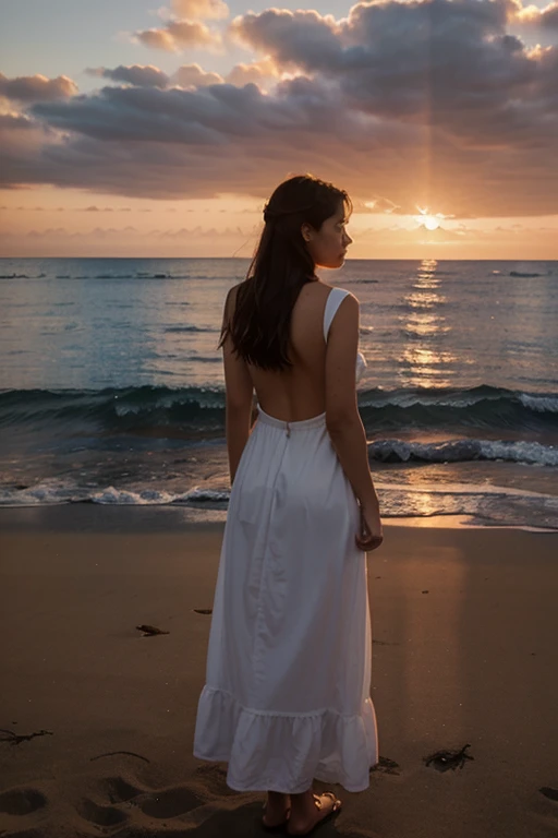 Create a painting ;a woman stands with her back by the sea and looks at a beautiful sunset.