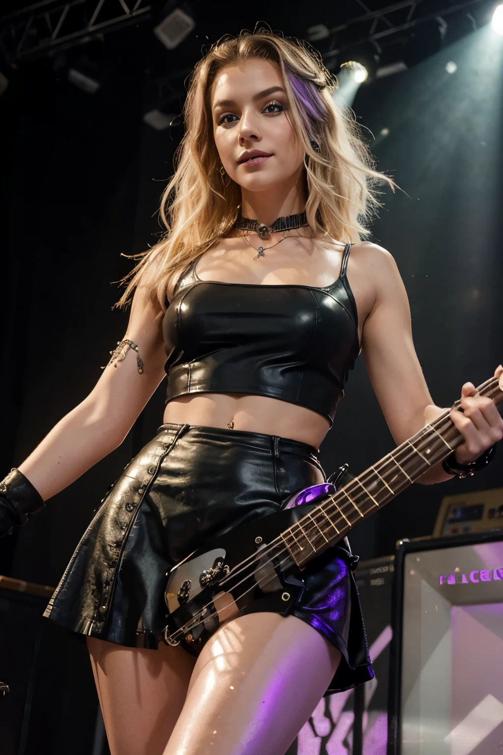 Full-body portrait of a radiantly beautiful 20-year-old blonde woman, her European green eyes sparkling with excitement and joy, a captivating lady, and an exceptional bass guitarist. She confidently struts across the stage in her mesmerizing black spaghetti top and thigh-grazing leather short skirt, showcasing her slender figure. With each step, her white intricately detailed skin glistens under the powerful stage lights. Her hands, adorned with gothic or punk-inspired jewelry, move vigorously as she plays her stunning purple shiny 5-string bass guitar, pouring her soul into her performance like never before. Her