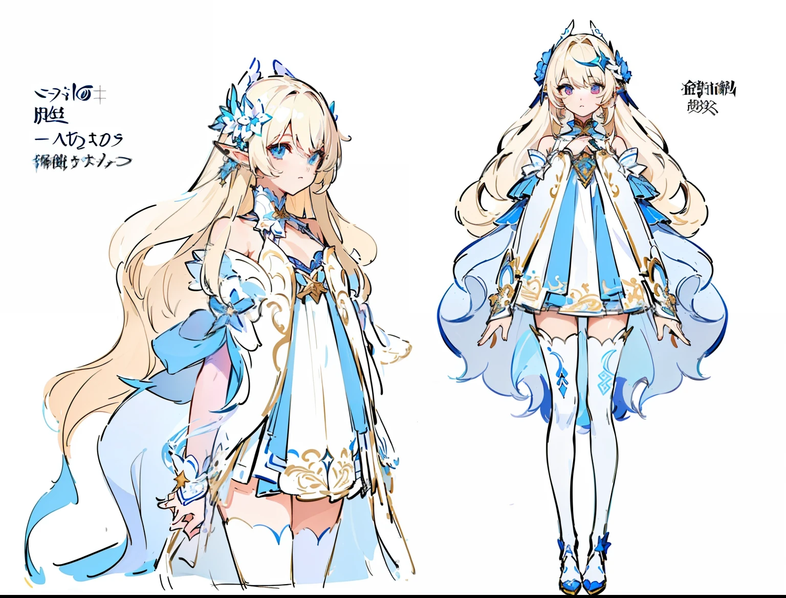 ((Masterpiece, Highest quality)), Detailed face, character sheets, full bodyesbian, Full of details, elf ears, very long blonde hair fading into blue, angelic design, Highly detailed, Depth, Many parts, 1 character, clear outfit design, outfit design, [ character design ], character adoptable, official character illustration, full body adoptable, full body character design, ( ( character concept art ) ), ornate attire, pretty anime character design, great character design, pretty anime character design, honkai star rail character, ( ( character concept art ) )