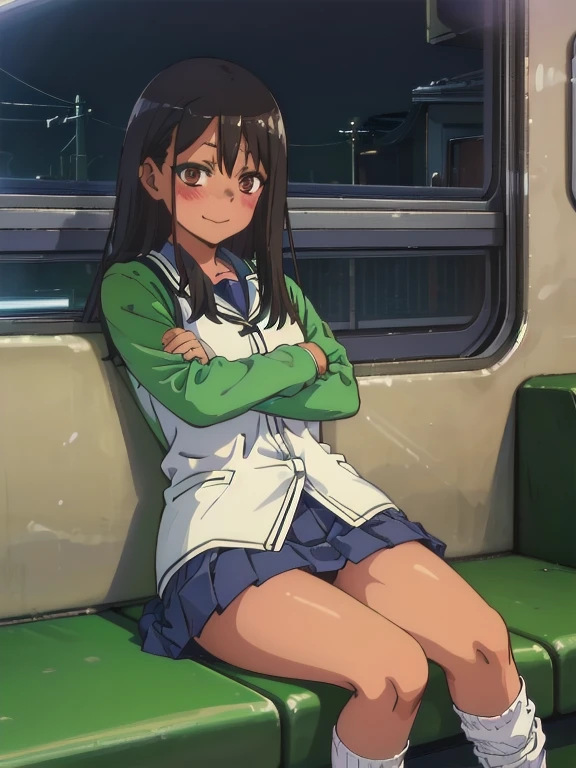 (1) A woman is sitting alone on a long seat in a train. She spread her legs、Showing white panties, Composition from the front,Low - Angle
(2) She is a high school girl, She is wearing a uniform consisting of a miniskirt, sailor suit and loose socks..
(3) she has medium length brown hair.
(4) Her expression is provocative and smirking.
(5) The location is a long seat on the Yamanote Line at night.. There are no other customers. The view outside the window is the night view of the city.