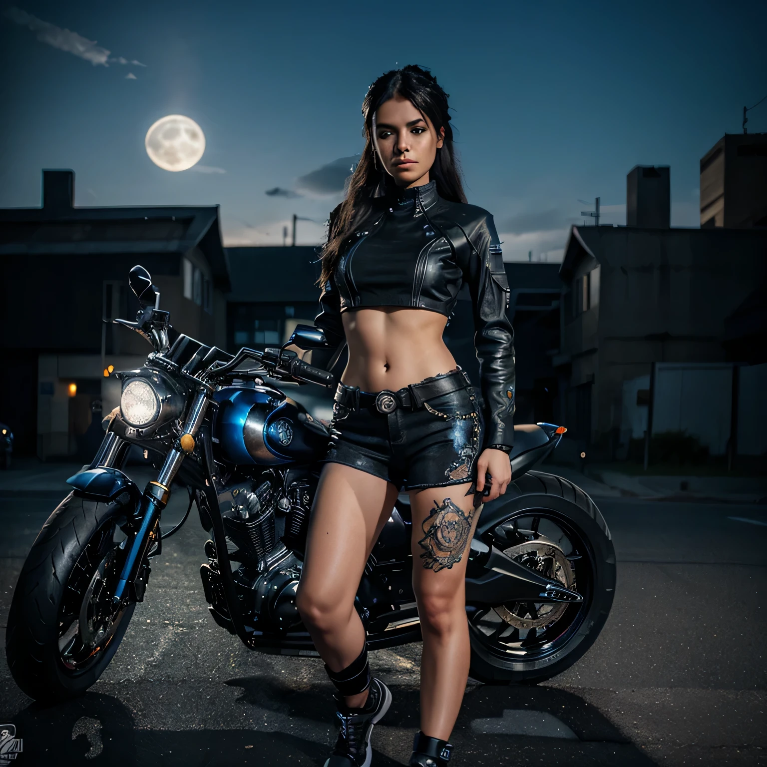 A gorgeous female biker posing in front of a futuristic motorcycle, the motorcycle has skulls and blue flames highly detailed 3D graphics, setting at night with a full moon in the background, she is wearing a form fitting black crop top with skulls and flames 3Dgraphic and daisy duke shorts, HDR, epic realism, high octane render, masterpiece,