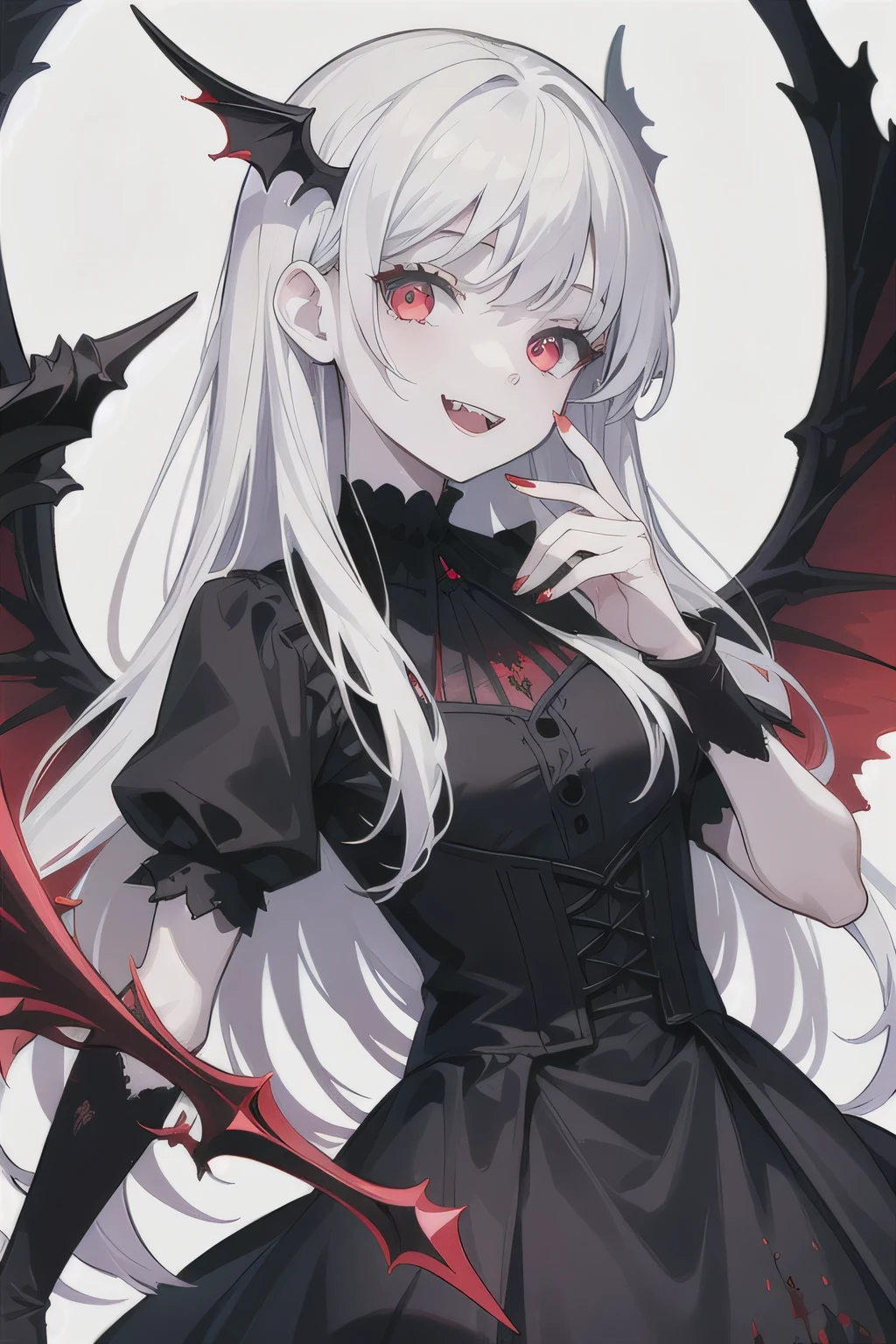 (masterpiece:1.2, Best quality),(better lighting, very gentle and beautiful),(better lighting, very gentle and beautiful), (beautiful detailed face), (finely detailed eyes and a detailed face:1.2), dark fantasy, (young girl, Small animals, 1 girl, crazy smile, pale skin, White hair, Red glowing eyes, Dynamic angle, fangs, big white wings, Bloody sky, Black and red colors, black gothic dress
