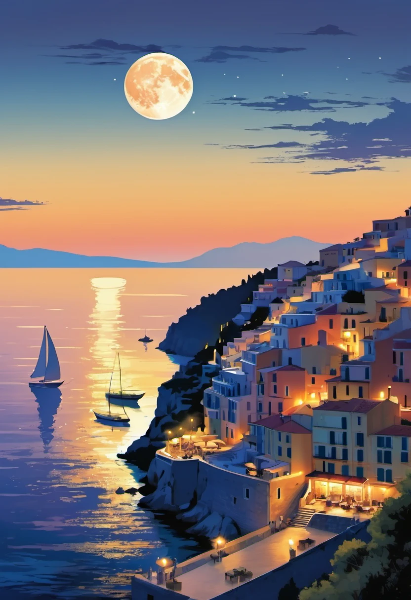 (Magazine cover :1.2),(masterpiece, best quality:1.2),Romantic Aegean Sea，(French Riviera:1.3)，night，Backlight，(1对情侣坐在French Riviera的树枝上:1.4)，There is a full moon behind，Alexander，repeat，Fresh colors，Soft colors，Diode lamp，Concept art style，Extremely complex details，Clear distinction between light and dark，layered，Ultra HD
