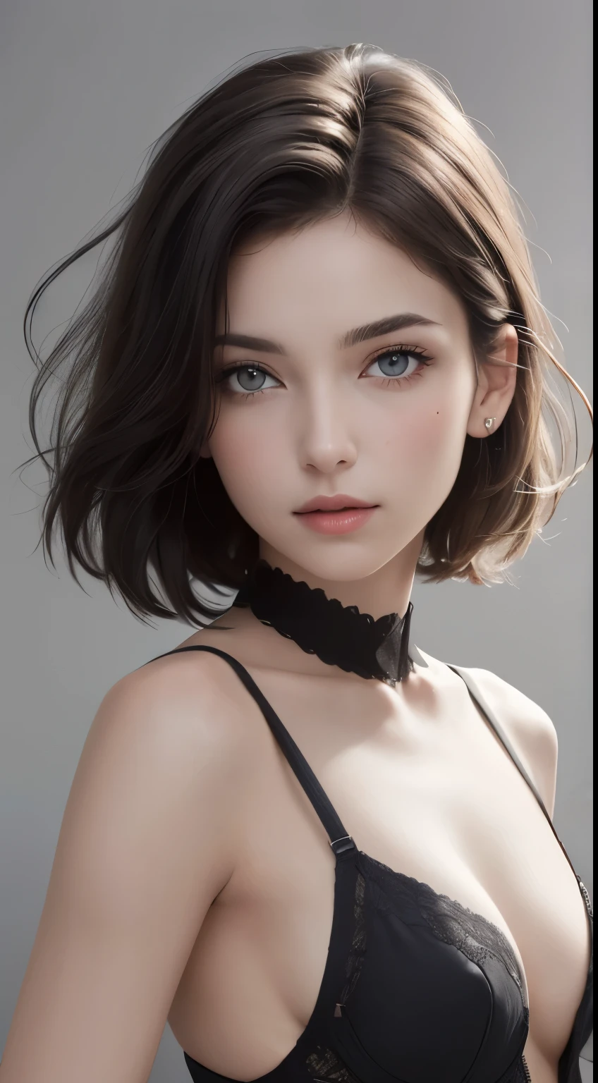 8K uhd、RAWphotograph、model photo shoot、Russian Race, European race, (masterpiece, Highest quality, Photorealistic, High resolution, photograph: 1.3), Close-up, Focusing, Hot Model, slim、 30 year old mature woman, Small face, Short Hair, dark brown hair, Fine beautiful eyes, Realスキン, (perfect body), Sexy Face, Erotic,sexual gaze, Fine eyes, Glossy lips, Small breasts, 、Bust B cup、((Bright light、Dynamic lighting、Real、超Real、 realism、Realなディテール⦆、Cool beauty、Cool pose、Background gray、Plain grey background
