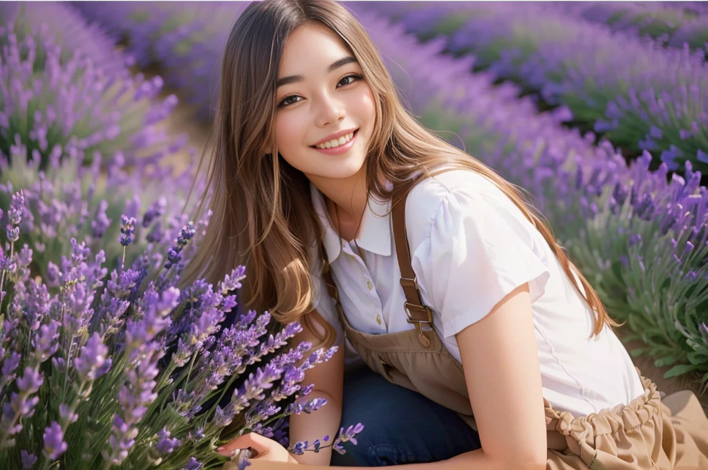 a woman kneeling in a field of Lavender smiling at the camera, woman among flowers, Attractive girl, woman standing in flower field, Lavender plants, beautiful and smiling, Girl in the flower field, Girl in the flowers, Lavender, Charming smile, Attractive woman, Photo shoot for skin care brand, Girl in the flower field, Beautiful woman, Girl in the flower field