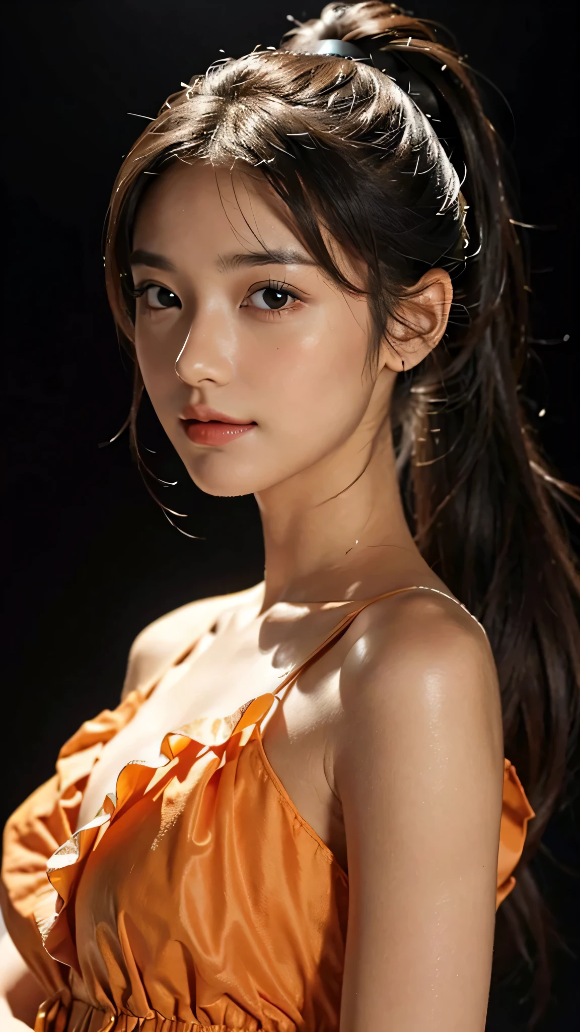 Spotlight on stage,close-up of face,One woman,fully body photo,masutepiece, The highest image quality, High quality, the background is clear,Beautiful woman, Japanese, Detailed, Detailed eyes, Detailed skin, Beautiful skin, 超hight resolution, (reality: 1.4),Very beautiful woman, Slightly younger face, Beautiful skin, slender, (Ultra photo realsisim), (hight resolution), (8K), (Very detailed) (beautifully detailed eyes), (super detailed), (Detailed face), view the viewer, Fine details, Detailed face, Staring straight ahead, Staring straight ahead, photos realistic, Bright lighting, Professional Lighting, Black hair,poneyTail,a baby face,sixteen years old,Hairstyle: ponytail,Long ponytail hairstyle,slight smile,Orange colored long dress with lots of ruffles, softly shaped skirt,