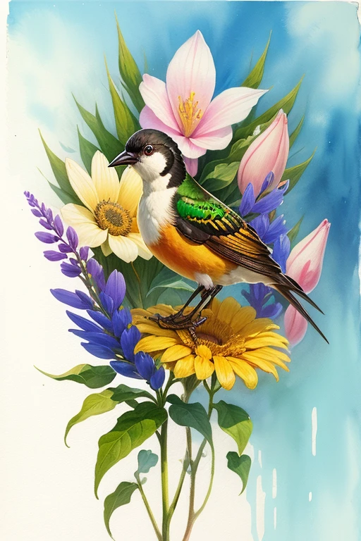 bird humming flower, background florido, estilo aquarela