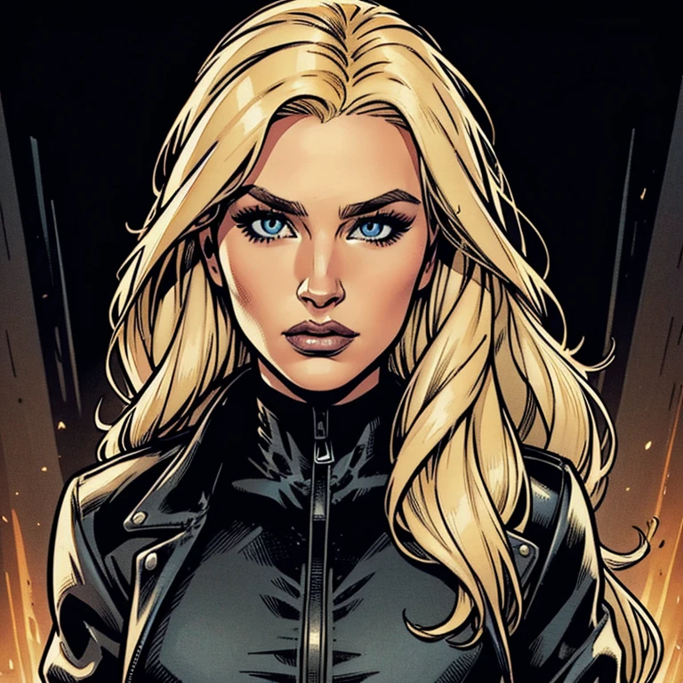 Draw a beautiful white woman, she is wearing a black jacket, she has a beautiful long blonde hair, she has beautiful eyes, her face is pretty, very beutiful, high resolution, 4k, 8k, masterpiece, high detailed, american comic book style image
