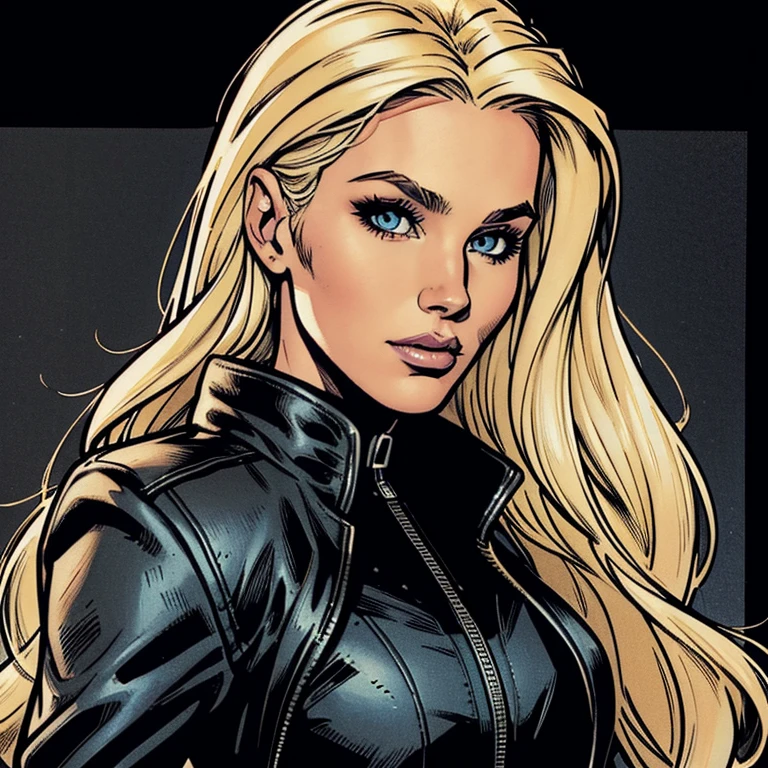 Draw a beautiful white woman, she is wearing a black jacket, she has a beautiful long blonde hair, she has beautiful eyes, her face is pretty, very beutiful, high resolution, 4k, 8k, masterpiece, high detailed, american comic book style image
