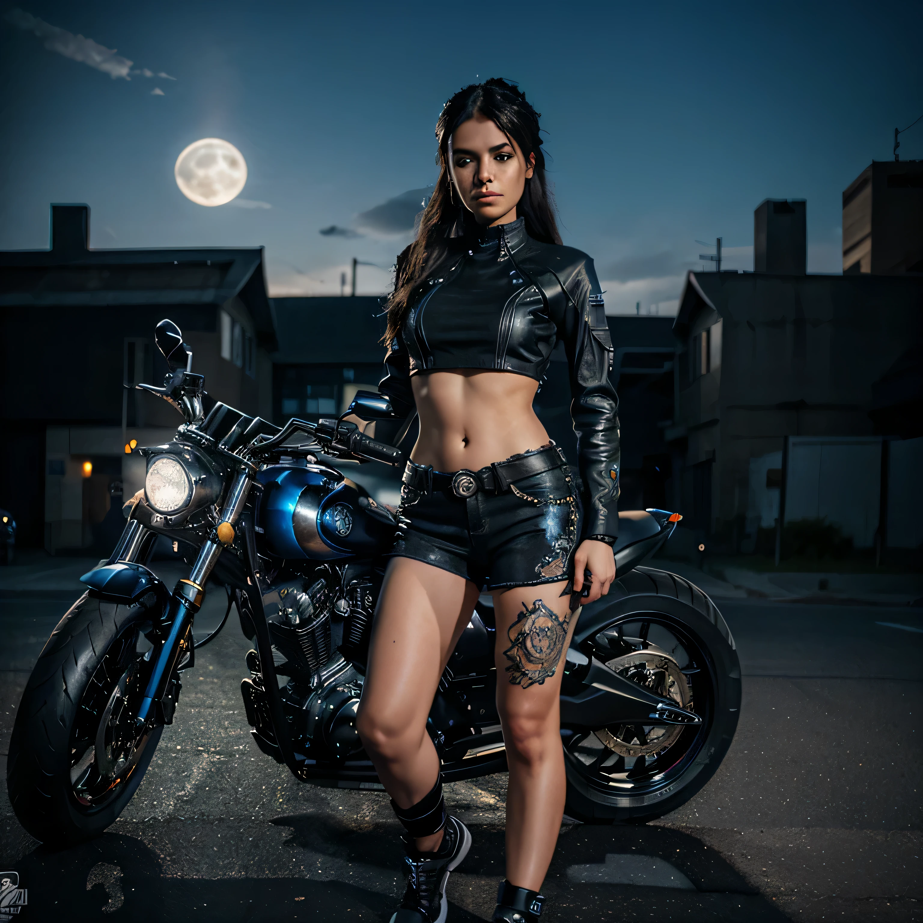 A gorgeous female biker posing in front of a futuristic motorcycle, the motorcycle has skulls and blue flames highly detailed 3D graphics, setting at night with a full moon in the background, she is wearing a form fitting black crop top with skulls and flames 3Dgraphic and daisy duke shorts, HDR, epic realism, high octane render, masterpiece,