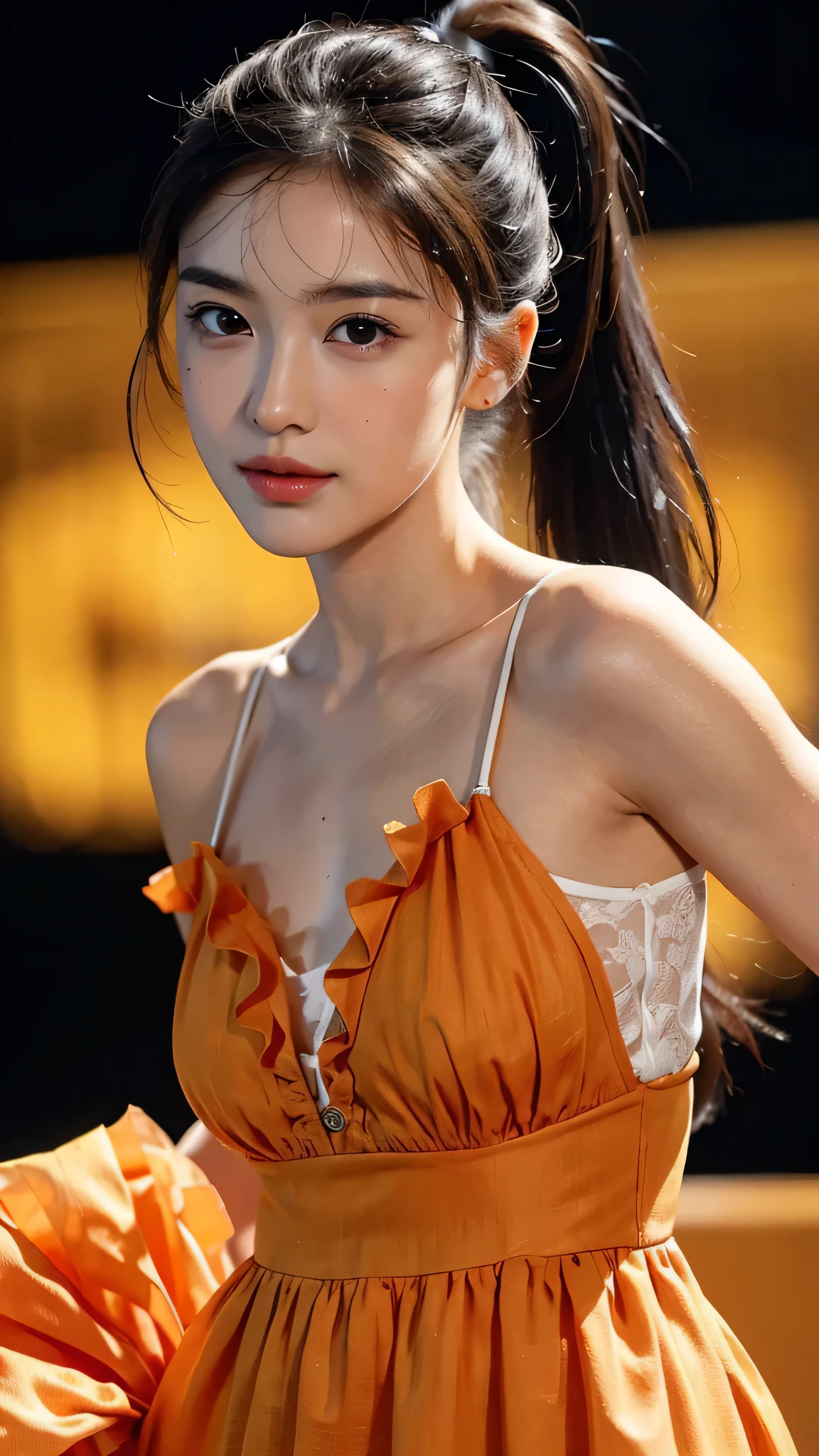 Spotlight on stage,close-up of face,One woman,fully body photo,masutepiece, The highest image quality, High quality, the background is clear,Beautiful woman, Japanese, Detailed, Detailed eyes, Detailed skin, Beautiful skin, 超hight resolution, (reality: 1.4),Very beautiful woman, Slightly younger face, Beautiful skin, slender, (Ultra photo realsisim), (hight resolution), (8K), (Very detailed) (beautifully detailed eyes), (super detailed), (Detailed face), view the viewer, Fine details, Detailed face, Staring straight ahead, Staring straight ahead, photos realistic, Bright lighting, Professional Lighting, Black hair,poneyTail,a baby face,sixteen years old,Hairstyle: ponytail,Long ponytail hairstyle,slight smile,Orange colored long dress with lots of ruffles, softly shaped skirt,