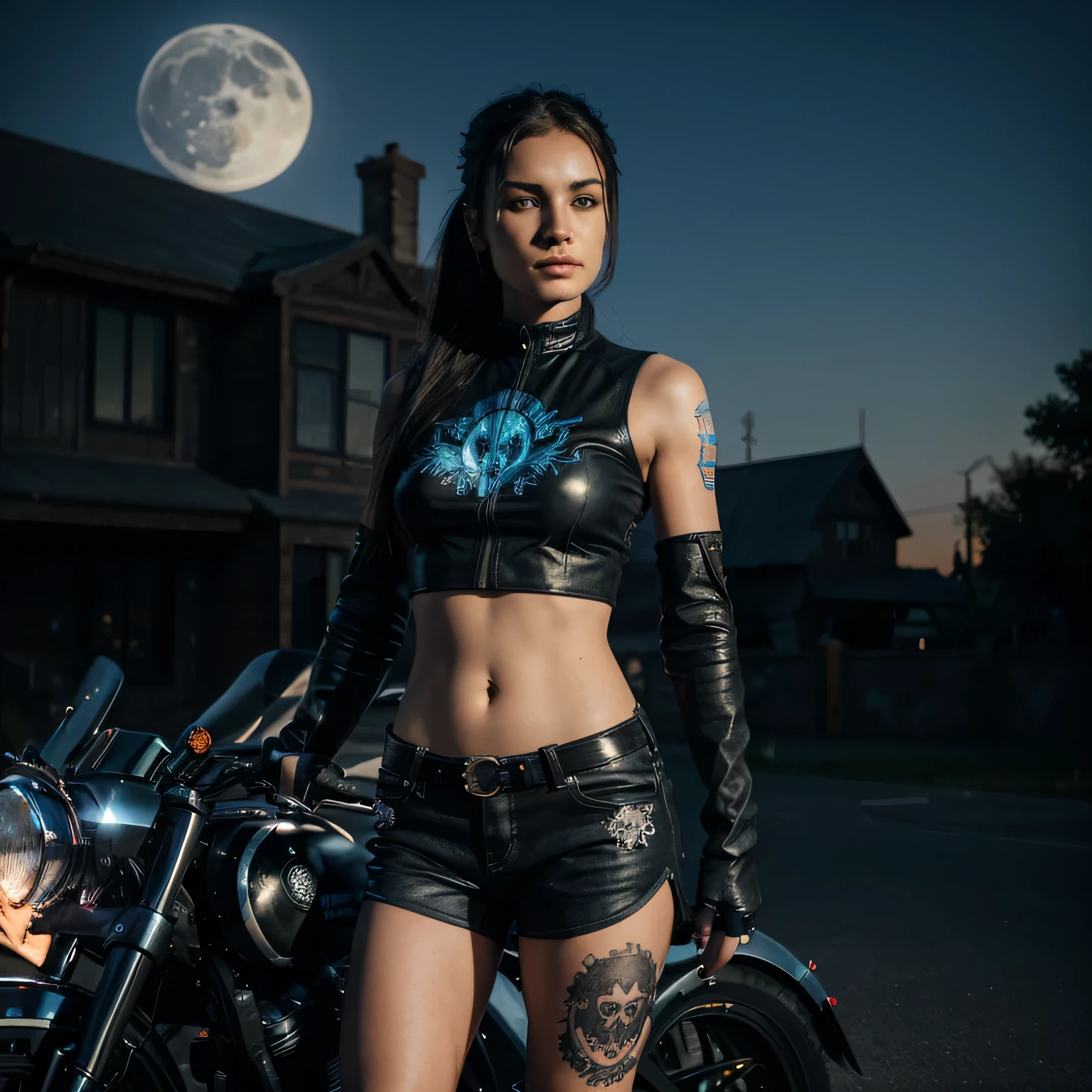 A gorgeous female biker posing in front of a futuristic motorcycle, the motorcycle has skulls and blue flames highly detailed 3D graphics, setting at night with a full moon in the background, she is wearing a form fitting black crop top with skulls and flames 3Dgraphic and daisy duke shorts, HDR, epic realism, high octane render, masterpiece,