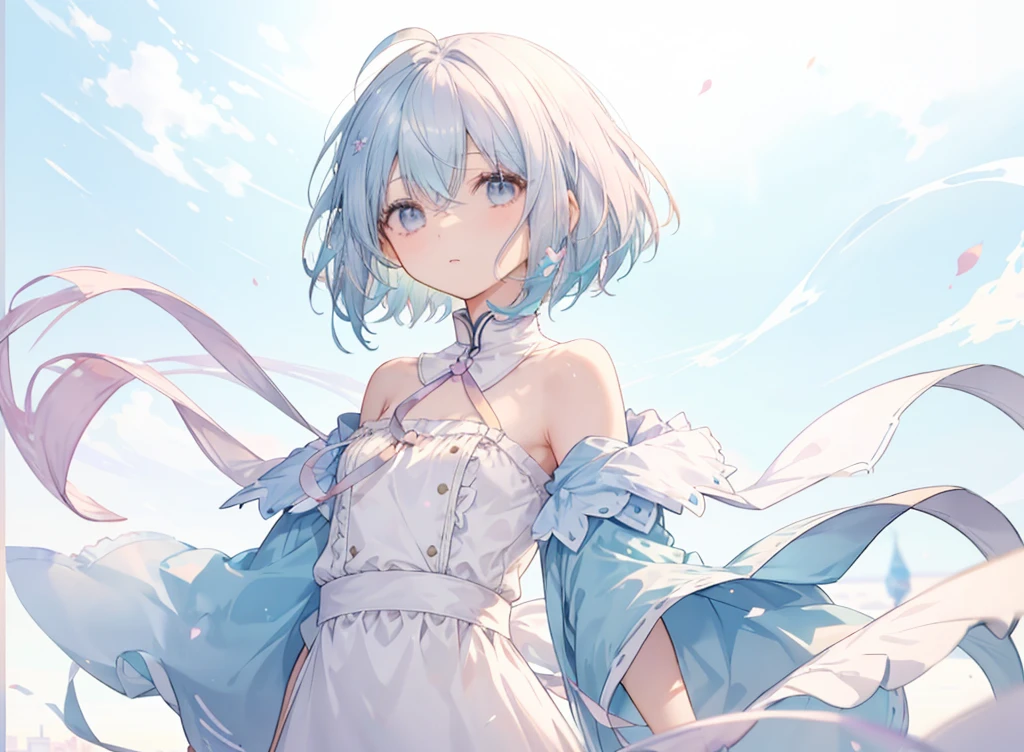 From afar、Slim and long, 1 girl、Very delicate and beautiful girl, Young girl, pastel colored short hair, Ahoge、ribbon、Gradient Hair、inner hair color, Beautiful details, Medium Chest, Pastel colored clothes,Beautiful Salar de Uyuni、whole body、