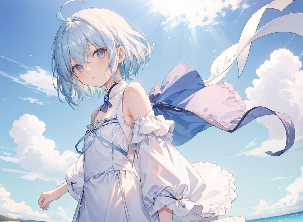 From afar、Slim and long, 1 girl、Very delicate and beautiful girl, Young girl, pastel colored short hair, Ahoge、ribbon、Gradient Hair、inner hair color, Beautiful details, Medium Chest, Pastel colored clothes,Beautiful Salar de Uyuni、whole body、