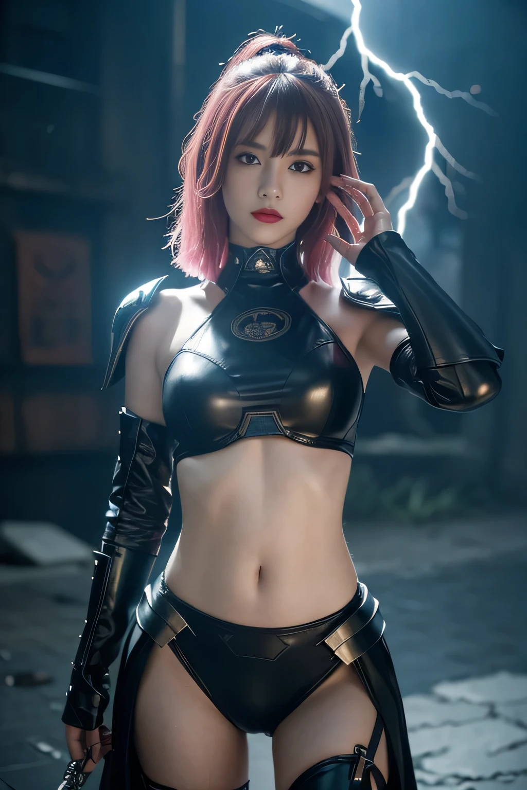 masterpiece,best quality,high resolution,8k,(Portrait Photography:1.5),(R Original Photo),real picture,Digital Photography,(A fusion of cyberpunk and fantasy),(Female Soldiers),20 year old girl,Feel free to hairstyle,By Bangs,(Pink Eye, Accessories,Red lips,(He frowned,sneer),(Combination of cyberpunk and fantasy style clothing,Hollow carving design,Combined Armor,,Hematite Set),Show your belly button,Photo pose breast skin texture realistic,Realistic style,Thunder and lightning in rainy days,(Thunder magic),oc render reflection texture