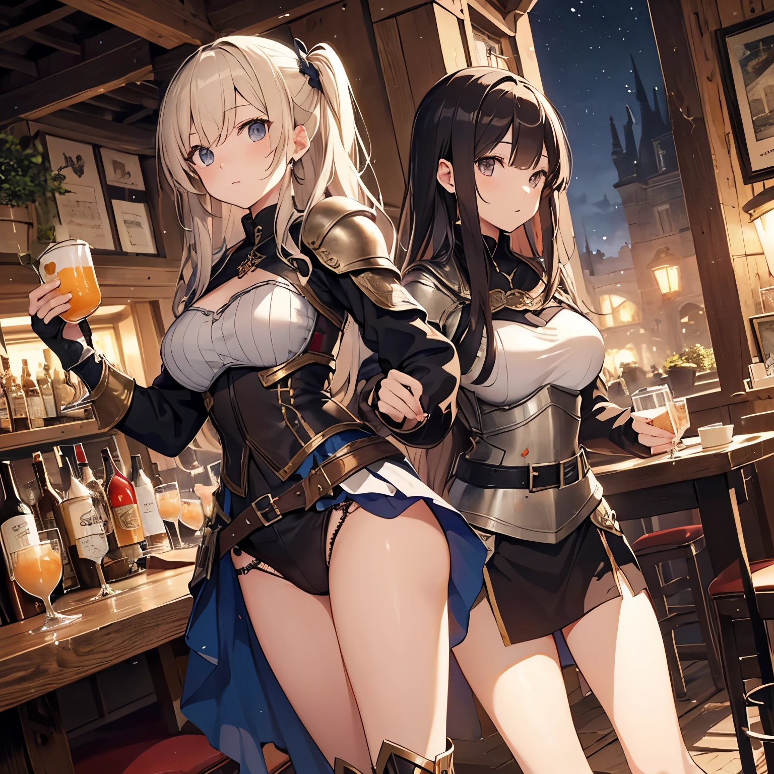 A group of female adventurers set in a medieval fantasy world, (At the pub), Mr.々Hair style, Harem, night, Detailed aspect, Short skirt, Seduce, No sleeve, armor 、showing off panties