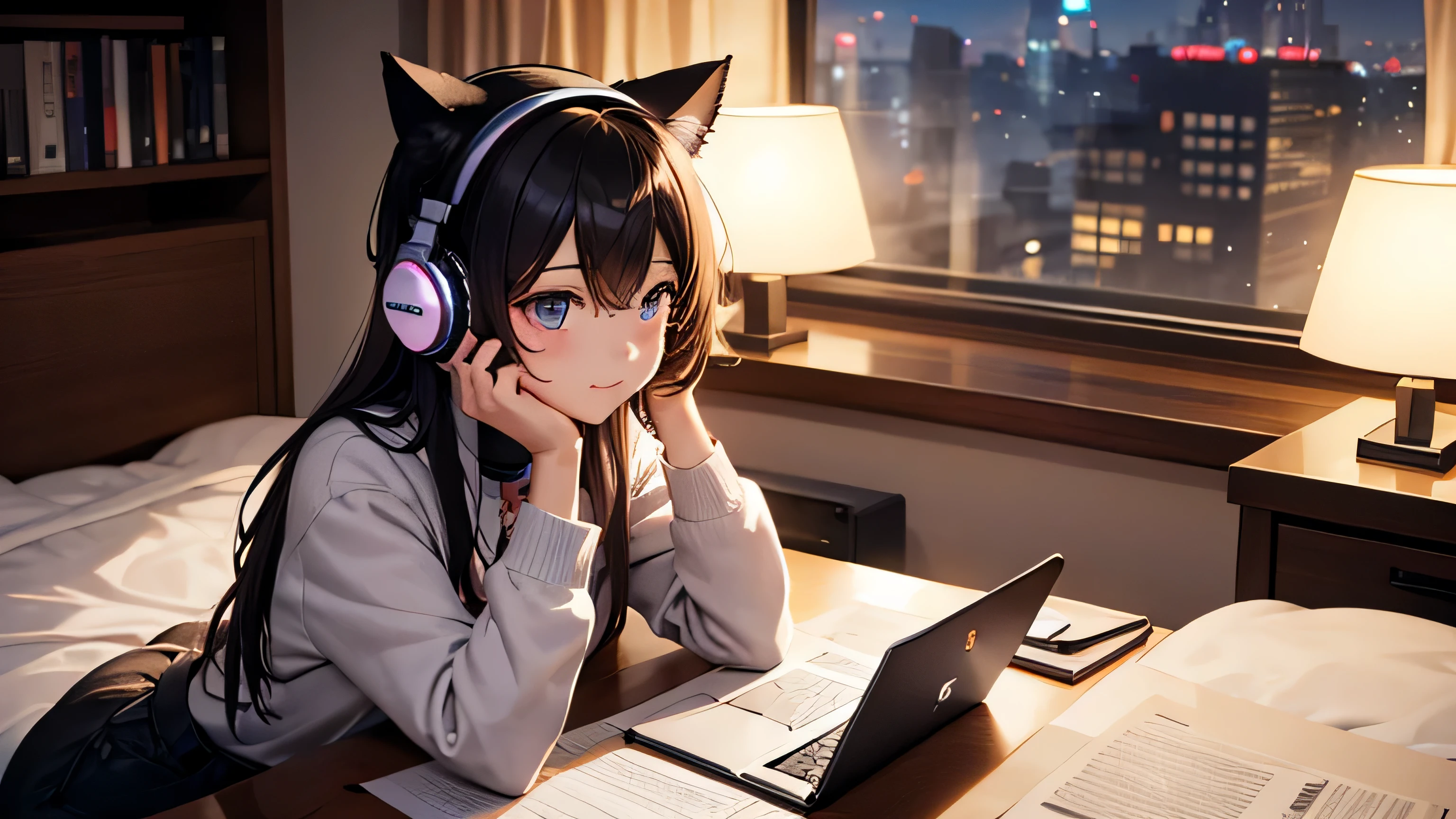 Beautiful girl listening to music with cat ear headphones while studying、night、My Room、Stylish indirect lighting、