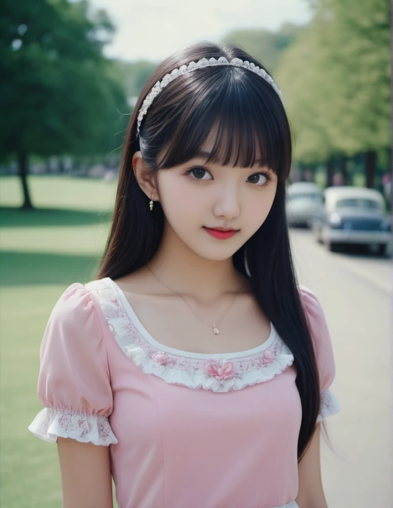 photograph close up face, small smile, waving gesture, (adolescence girl), (petite), (pink detailed feminine clothes), frills, laces, beautiful long straight hair, blunt bangs, black hair, park, 50mm . cinematic 4k epic detailed 4k epic detailed photograph shot on kodak detailed cinematic hbo dark moody, 35mm photo, grainy, vignette, vintage, Kodachrome, Lomography, stained, highly detailed, found footage