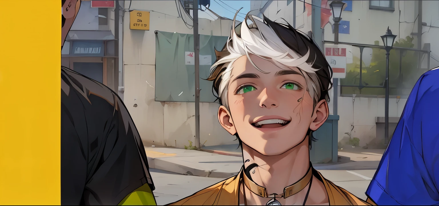 A cute young man of , white hair and green eyes, talks, mocking someone, smiles maliciously.