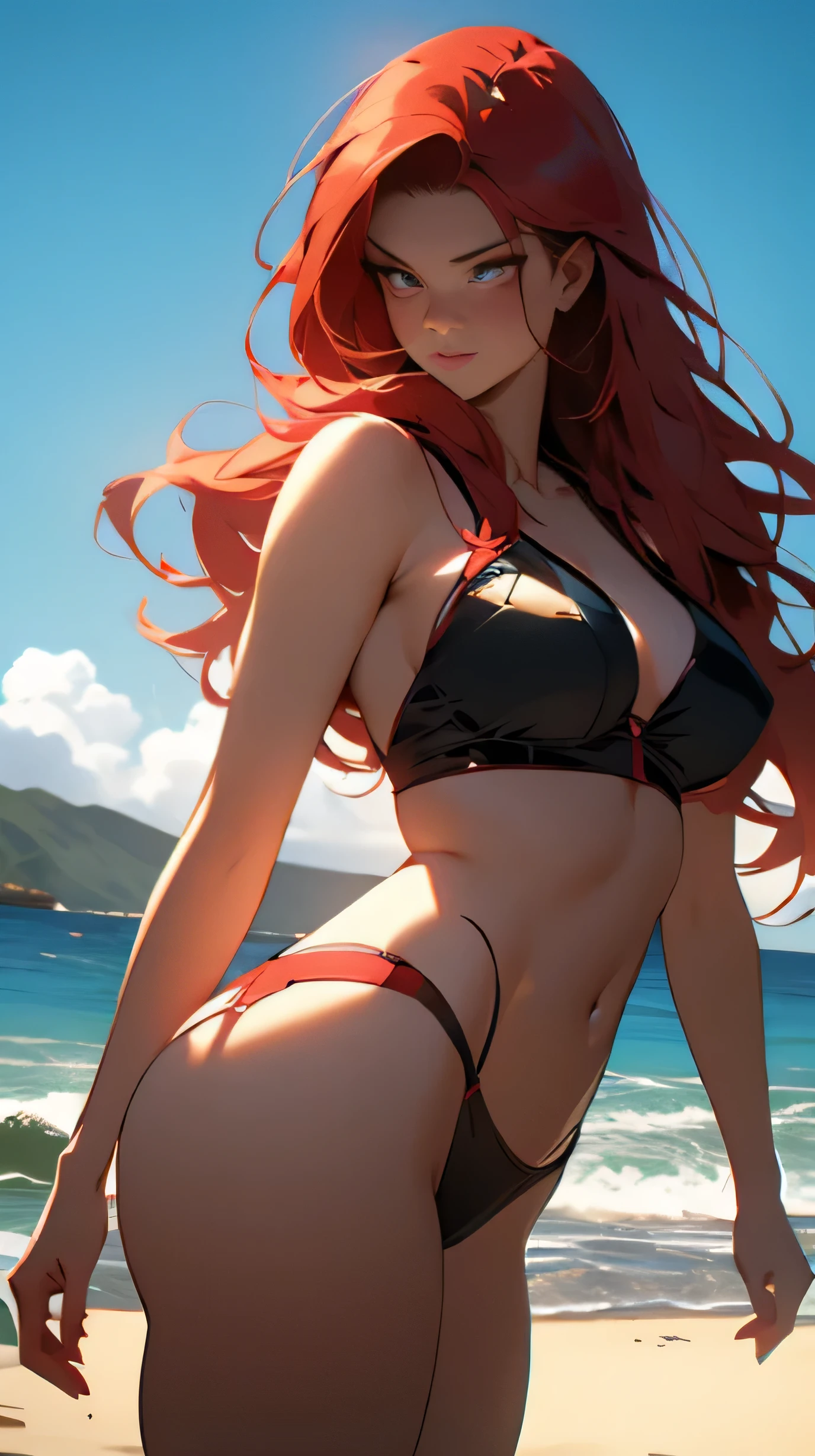(best quality, realistic: 1.37), professional photography, Erza Scarlet, beautiful detailed eyes, incredibly detailed hair, strong and fierce expression, sexy lingerie, red hair, hot personality, curvy body, lush, sexy, shapely buttocks pose great, in a beach environment, looking at the sea, dynamic lighting, sharp focus, vivid colors