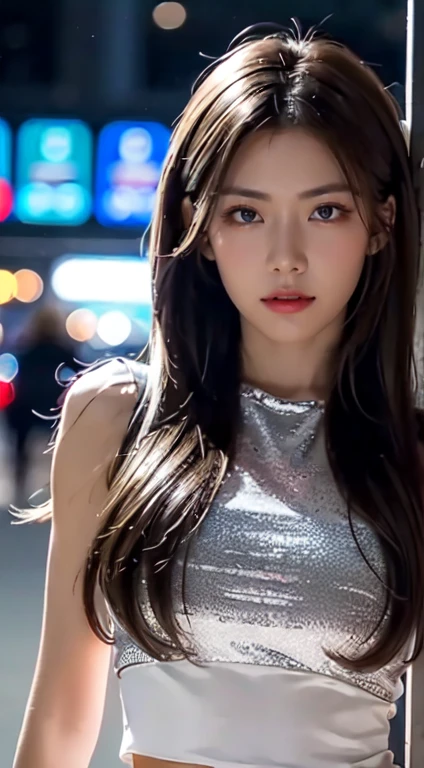 ((realistic light, Highest quality, 8k, Masterpiece: 1.3)), Clear focus: 1.2, 1 woman, perfect body beauty: 1.4, Slim stomach: 1.1, ((dark brown hair, big: 1.3)), (speed: 1.4), (outdoor, at night: 1.1), road, Ultra-slender face, good eyes, Double eyelids, The rift was revealed., Incredibly ridiculous, messy hair, floating hair,