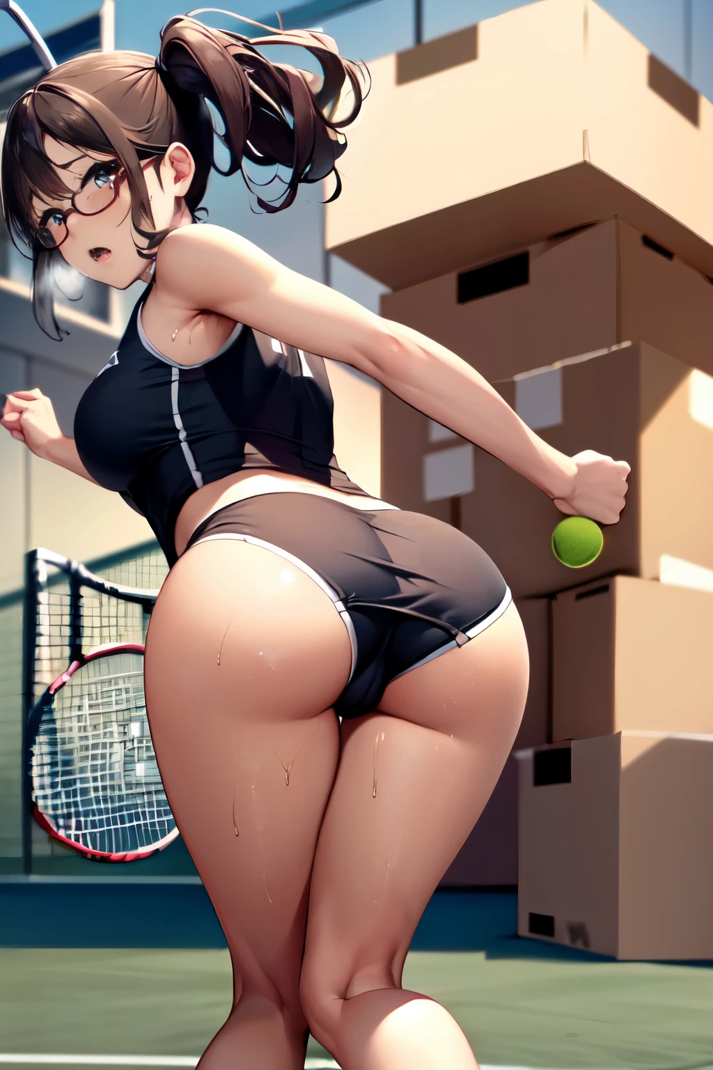 nsfw,(software:1.5), (Tennis Wear、Skort)、Dark brown wavy long hair、Droopy eyes, Thick thighs, Such an ass, Liar, bed, Open crotch, Dettol, Spread your legs, Show your side, Down the Out、Tears are overflowing、Glasses、(Dynamic pose)、(Moving hard:1.7)、Untidy body、Dynamic Angles、Turning around