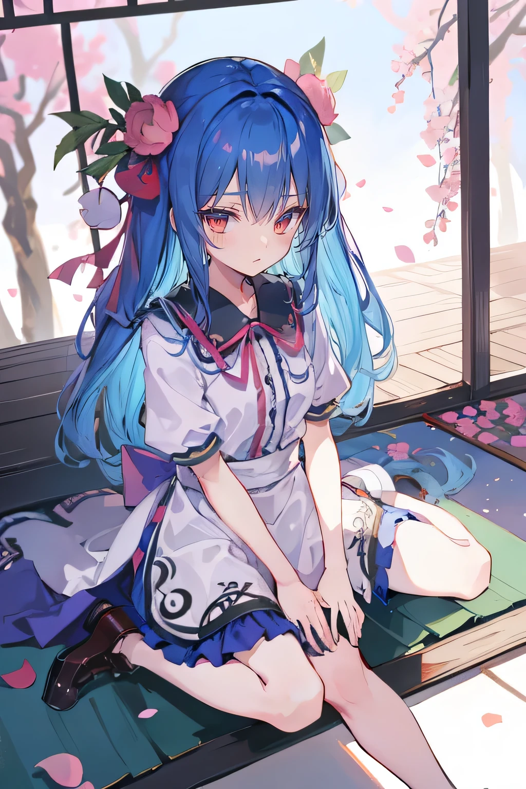 (best quality, masterpiece:1.2), expressive eyes, perfect face, 1 girl, hands on waist, beautiful, gorgeous, Japanese animation, Lola, Hinamori Angel, blue hair, floating clothes, waist grab, waist grab, hands on hips, sitting, sitting on the ground, legs on the ground, flat-chested, falling petals, sitting in a pavilion, pavilion,sunrise,Petals fall,
