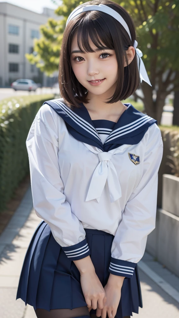 sailor suit, one woman, (a beauty woman, delicate :1.3), black hair, bob cut, 8K, highest quality, masterpiece, Super detailed, ultra high resolution, realistic, RAW photo, absolute resolution, small face compared to body, very small face, black hair, navy blue sailor uniform, Navy blue scar, High school girl in sailor suit, realistic high school girl, ((white headband)),  (white headband), small breasts, tall, slanted eyes, purple eyes, (school scenery), black stockings, bright color, open your mouth, smile,