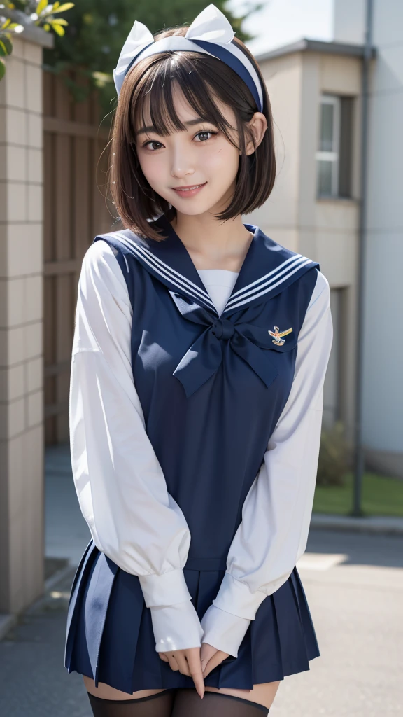 sailor suit, one woman, (a beauty woman, delicate :1.3), black hair, bob cut, 8K, highest quality, masterpiece, Super detailed, ultra high resolution, realistic, RAW photo, absolute resolution, small face compared to body, very small face, black hair, navy blue sailor uniform, Navy blue scar, High school girl in sailor suit, realistic high school girl, ((white headband)),  (white headband), small breasts, tall, slanted eyes, purple eyes, (school scenery), black stockings, bright color, open your mouth, smile,