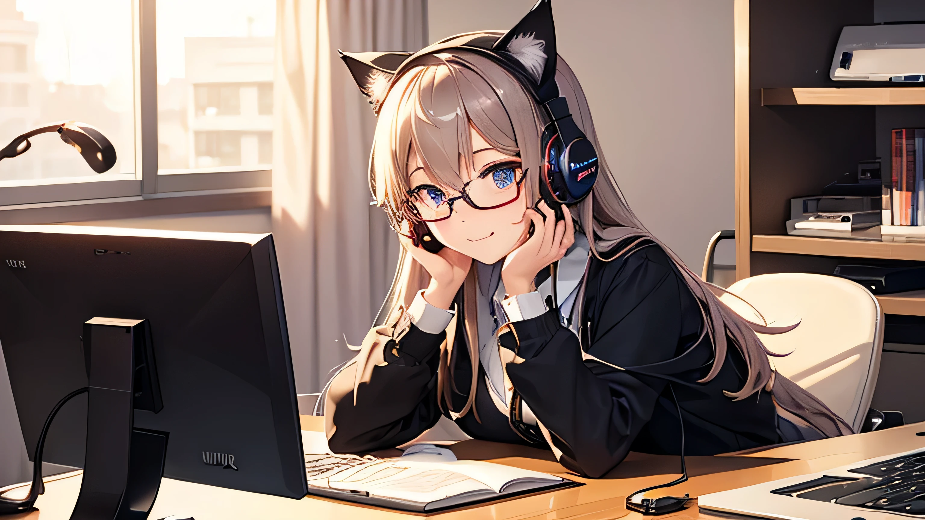 A beautiful girl wearing cat ear headphones operating a computer at her desk in her room、Wearing glasses、The eyes and mouth are smiling、Midnight、Stylish indirect lighting、Hot drinks
