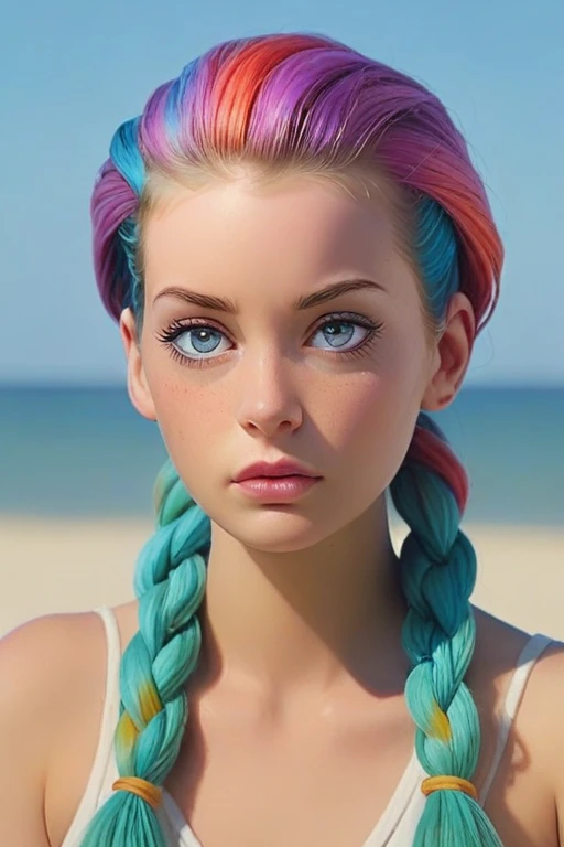 Hyperrealistisches Foto einer stolzen, beautiful woman with tied hair and colorful hair, farbverschmutzter Blaumann, Lilly von Cremont, am Strand