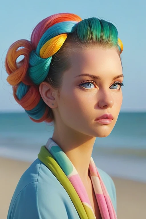 Hyperrealistisches Foto einer stolzen, beautiful woman with tied hair and colorful hair, farbverschmutzter Blaumann, Lilly von Cremont, am Strand