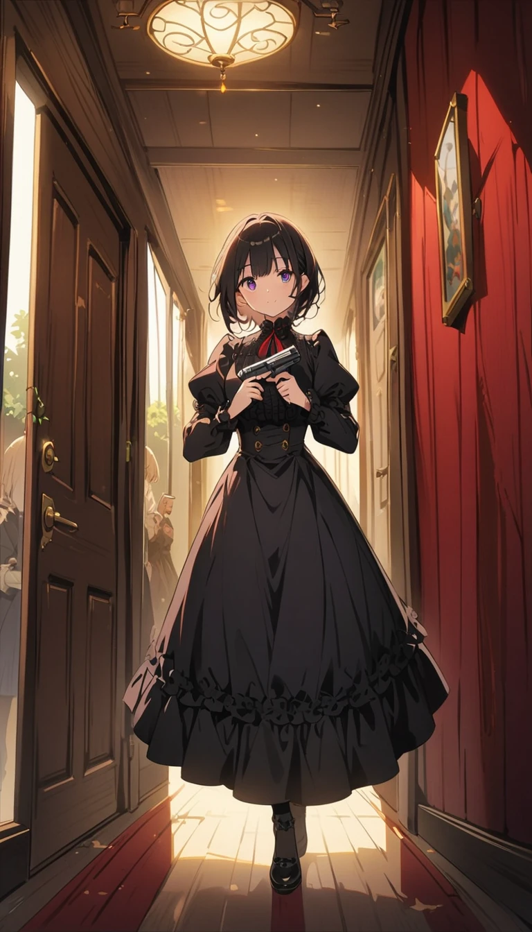 1 beautiful girl、Rin々A funny expression、(black victorian dress:1.4、Formal wear)、(Jewelry decoration)、(familiar:1.2)、(Holding a handgun in both hands、Dual pistols:1.6)、Action pose、Cool pose、Complex skirt、steampunk、Full Body, (highest quality、masterpiece、High resolution、detailed)、animeスタイル、Flat Style、High saturation、(Beautiful Eyes, Delicate and beautiful face, ),extremely detailed、(The Shining), Best lighting, Best Shadow、Dynamic Angle、anime