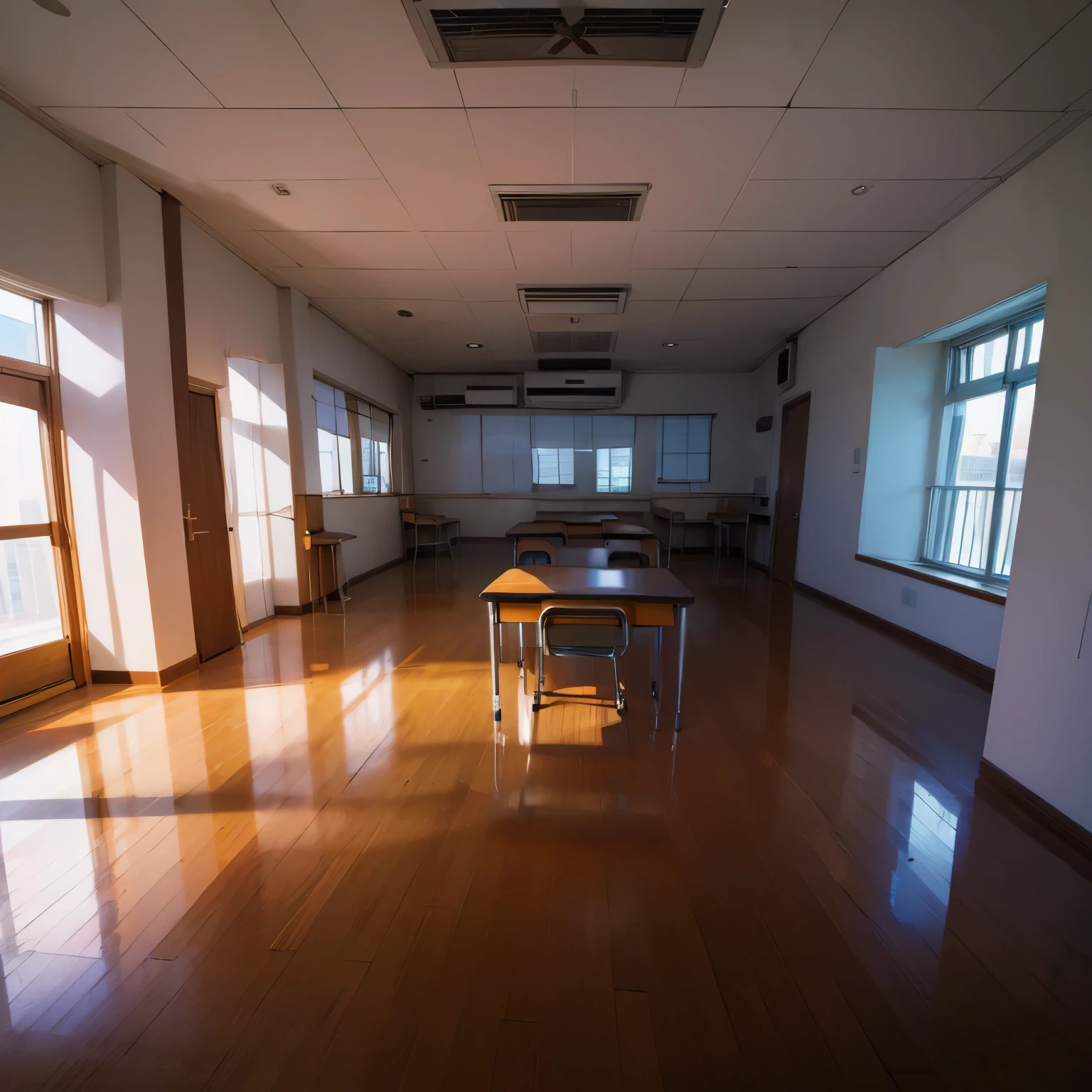 A top-down view of a school building with no roof, revealing the detailed layouts of individual classrooms.
Each classroom has visible air conditioning units, ceiling fans, and light fixtures.
Clear walls separate the classrooms.