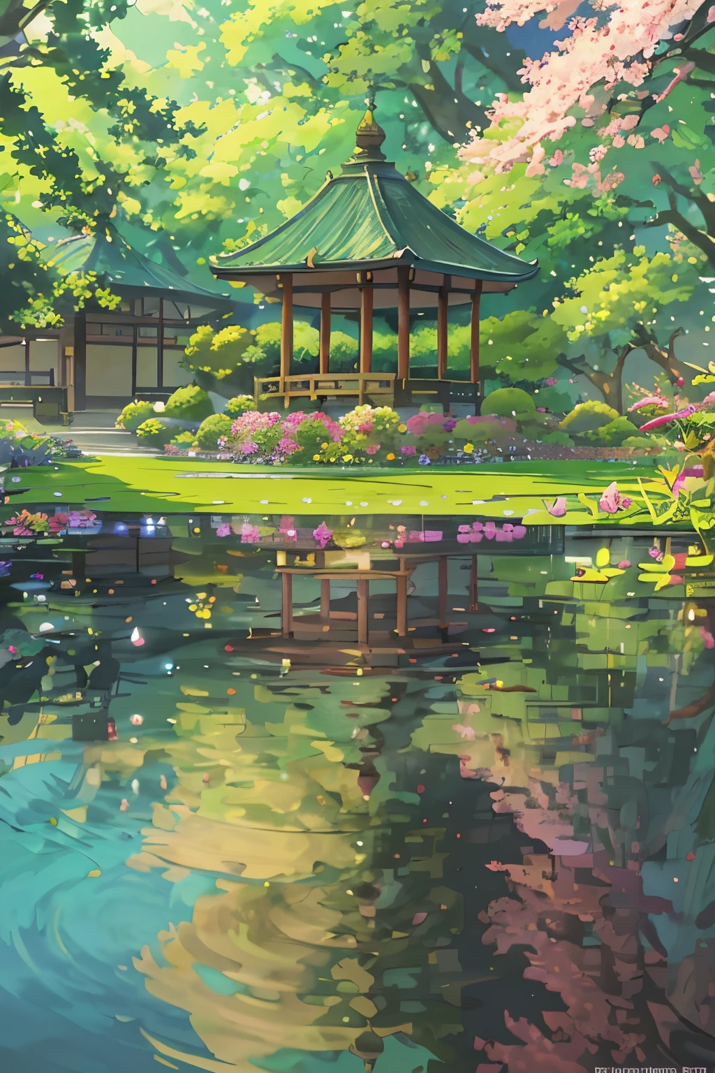 A captivating garden pavilion, merged with the Heian Japanese style and French Baroque decorations. Gracefully presiding over a serene pond, adorned with vibrant water lilies and lotuses. Natural, realistic representation in high resolution.
Merging the allure of traditional Japanese design with the opulence of French Baroque aesthetics, this garden pavilion fosters an atmosphere of tranquility and elegance. Its timeless charm is exemplified by the pond's gentle surface, reflecting the structure's intricate details.
Crafted with meticulous attention to detail, the high resolution depiction conjures up a sense