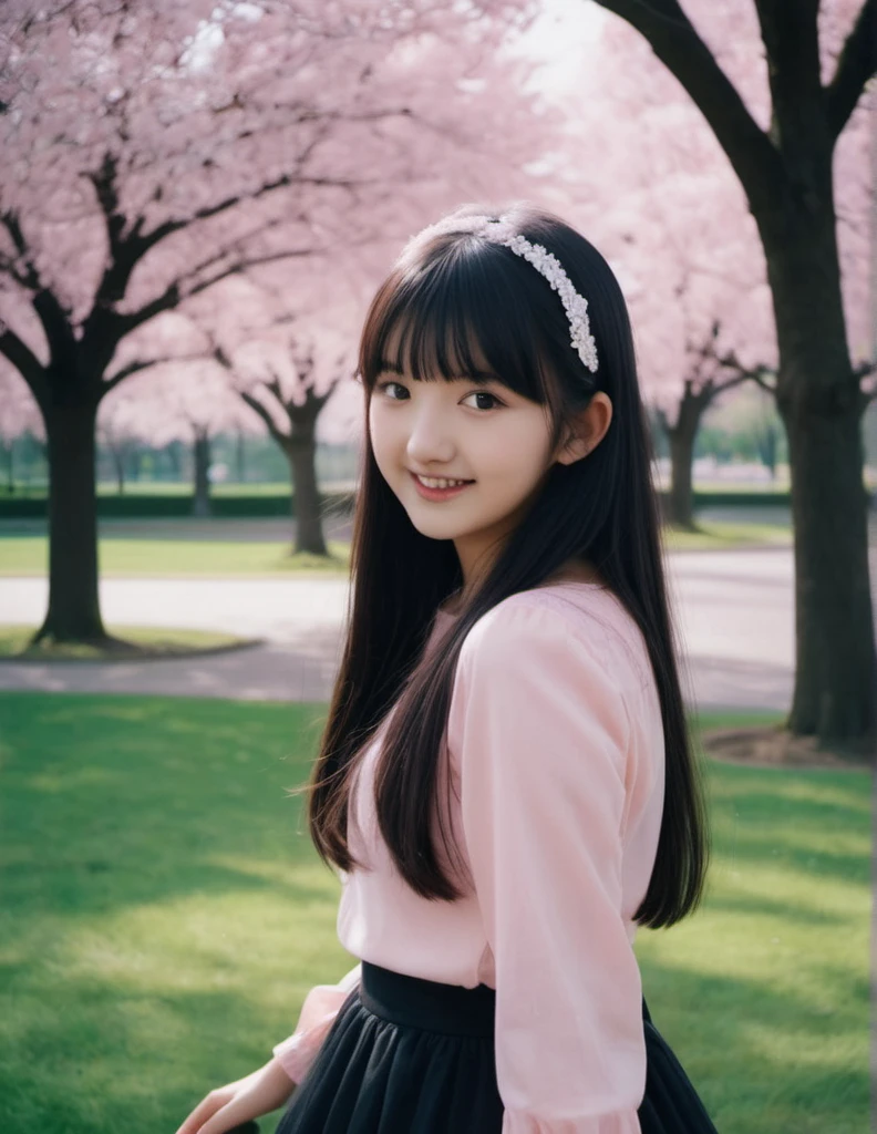 photograph close up face, smile, (waving hands:1.3), (adolescence girl), (petite), (pink detailed feminine clothes), frills, laces, beautiful long straight hair, blunt bangs, black hair, park, 50mm . cinematic 4k epic detailed 4k epic detailed photograph shot on kodak detailed cinematic hbo dark moody, 35mm photo, grainy, vignette, vintage, Kodachrome, Lomography, stained, highly detailed, found footage
