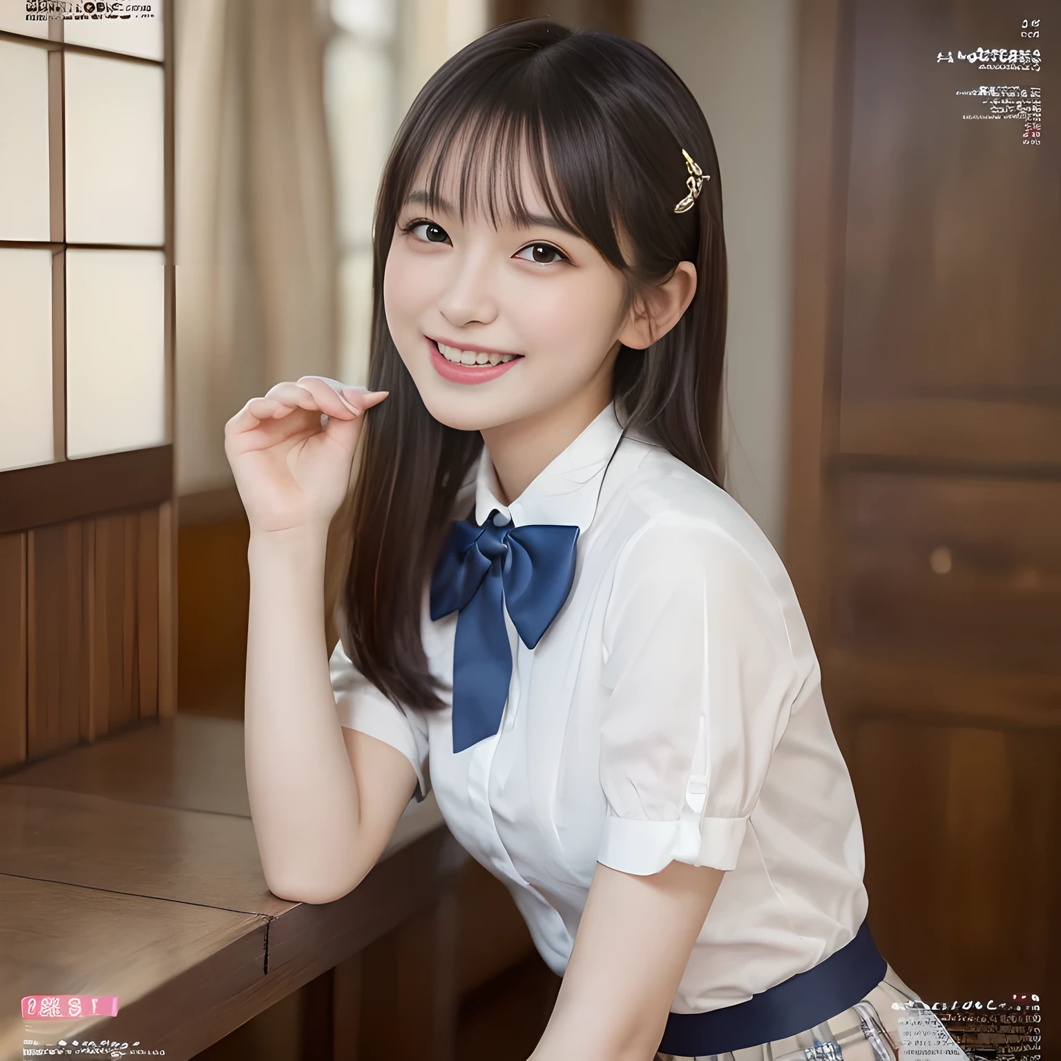 (highest quality、masterpiece:1.2)、highest quality、Realistic、photograph、High resolution、1080p、8K、Fair skin, especially face, Physical Rendering、((Height: 155cm)), one Japanese girl、((((((16 year old beautiful Japanese magazine fashion model looking at the viewer)))))), school summer uniform, (((big very detailed beautiful dark brown eyes))), ((((impressive plain navy large school ribbon bow tie in plain)))), ((((black very beautiful and very very long straight straight hair)))), ((((A light gray box-pleated box-pleated skirt)))), ((A yellow ivory colored blouse with puffed short sleeves and frills)), (((((((laughing cutely and looking at me!))))))), detailed fingers, (((curled blunt bangs))), ((Very large and cute eyes, carefully drawn with great attention to detail)), ((double eyelids)), (((long eyelashes))), ((cute lovely lovely laughing laughing cheeks)), ((Pure white light hits her face from above and in the front, making her skin and eyes shine beautifully.)), ((Strong light hits the nose and cheeks、It brings out the richness of the expression.)), ((The skirt is very cute)), (((((Her facial features are very expressive lovely smile, very very cute, very very intelligent.))))), (((Shooting from the side)))