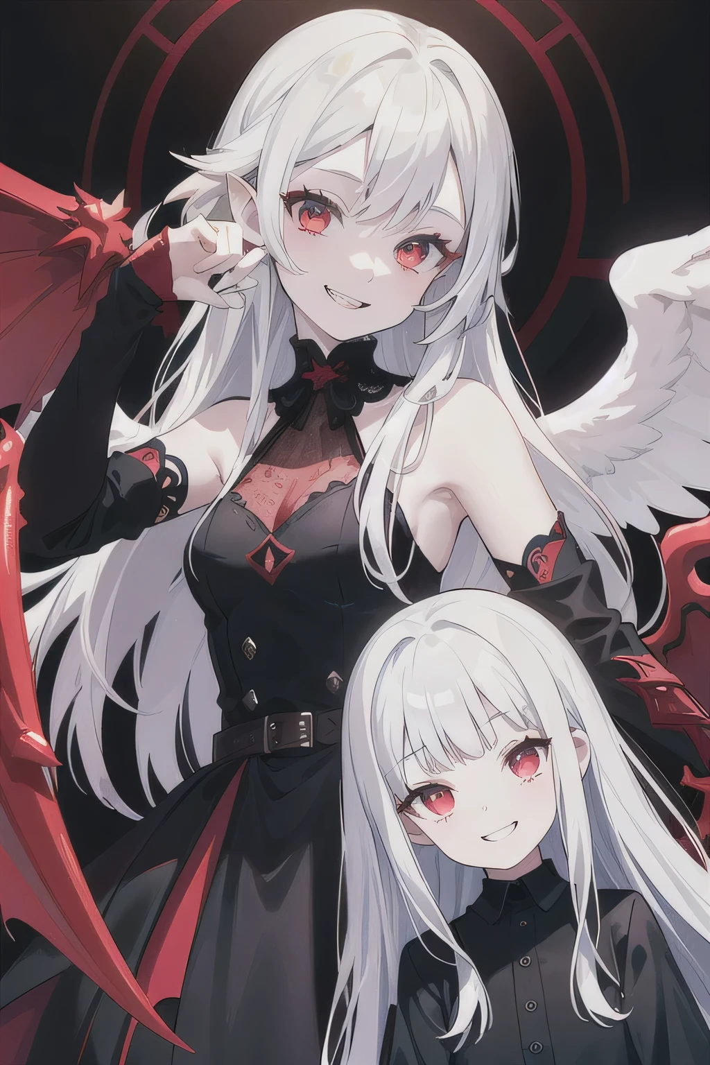 (masterpiece:1.2, Best quality),(better lighting, very gentle and beautiful),(better lighting, very gentle and beautiful), (beautiful detailed face), (finely detailed eyes and a detailed face:1.2), dark fantasy, (young girl, Small animals, 1 girl, crazy smile, pale skin, White hair, Red glowing eyes, Dynamic angle, fangs, big white wings, Bloody sky, Black and red colors, black gothic dress, grins, in different poses