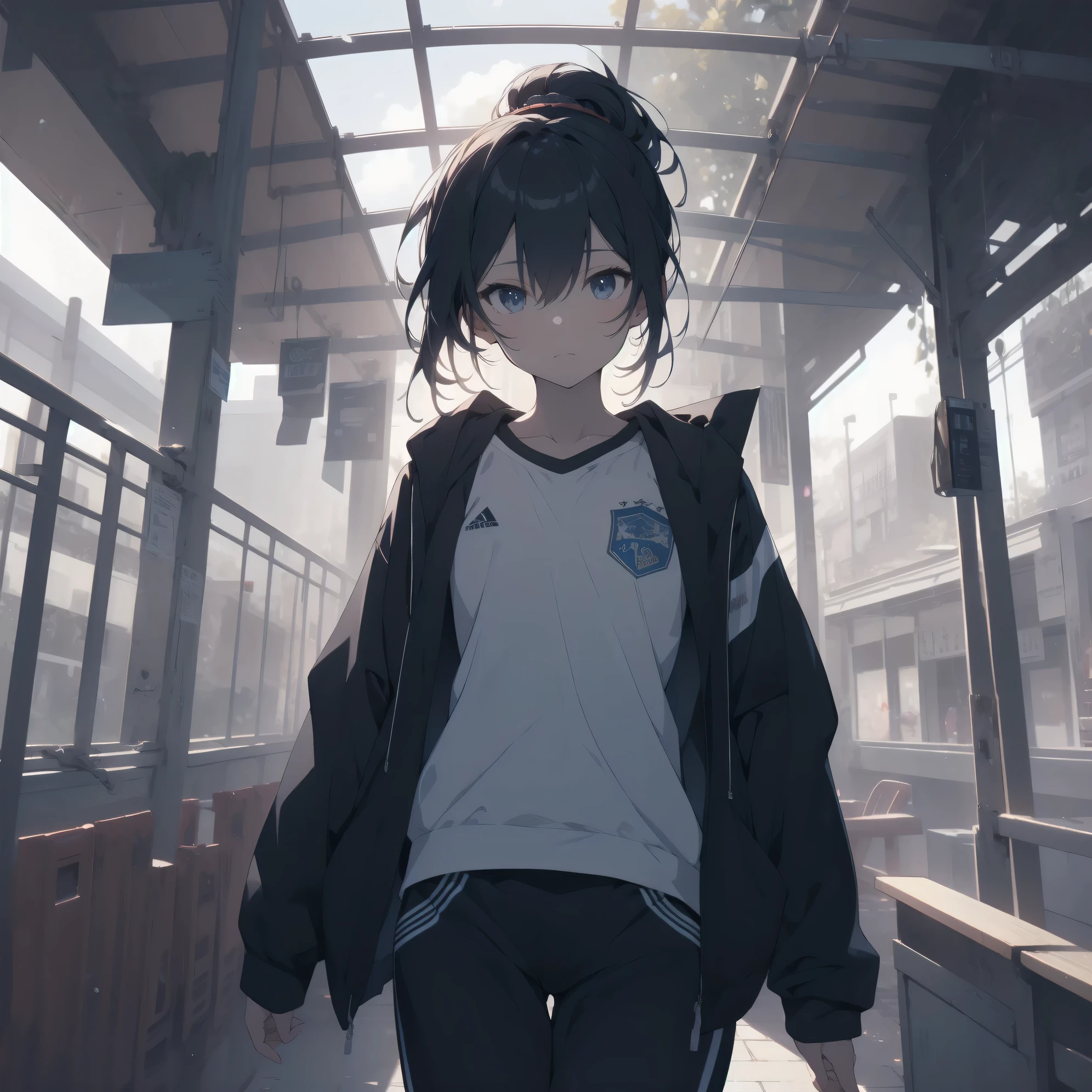 ultra-absurdres-Top quality by artist God, ultra-detailed, high resolution, anime moe artstyle, best anime 8k konachan wallpaper, pixiv contest winner,pool:2810, perfect anatomy,break, 1girl, (Please draw a girl walking to home alone. )break,(Solo,little female, -yeld:1.Full limbs, complete fingers, (very short hair), ponytail, flat chest, groin, small butt, thighs, small black eyes, beautiful detailed eyes, well-proportioned iris and pupils, expressive eyes, highres detailed hair, soft expression, school_gym uniform, gym shirt, short sleeves, gym shorts, short shorts, (Detailed Lighting), (Detailed background),solo_focus, in the School commute route. break,super detailed skin, Best cinematic lighting powered by famous artist, 8k,beauty illustration,photoshop_(medium),very aesthetic,break,((artist:hisahiko )), artist:bolze ,artist:oyari_ashito ,artist:kantoku ,