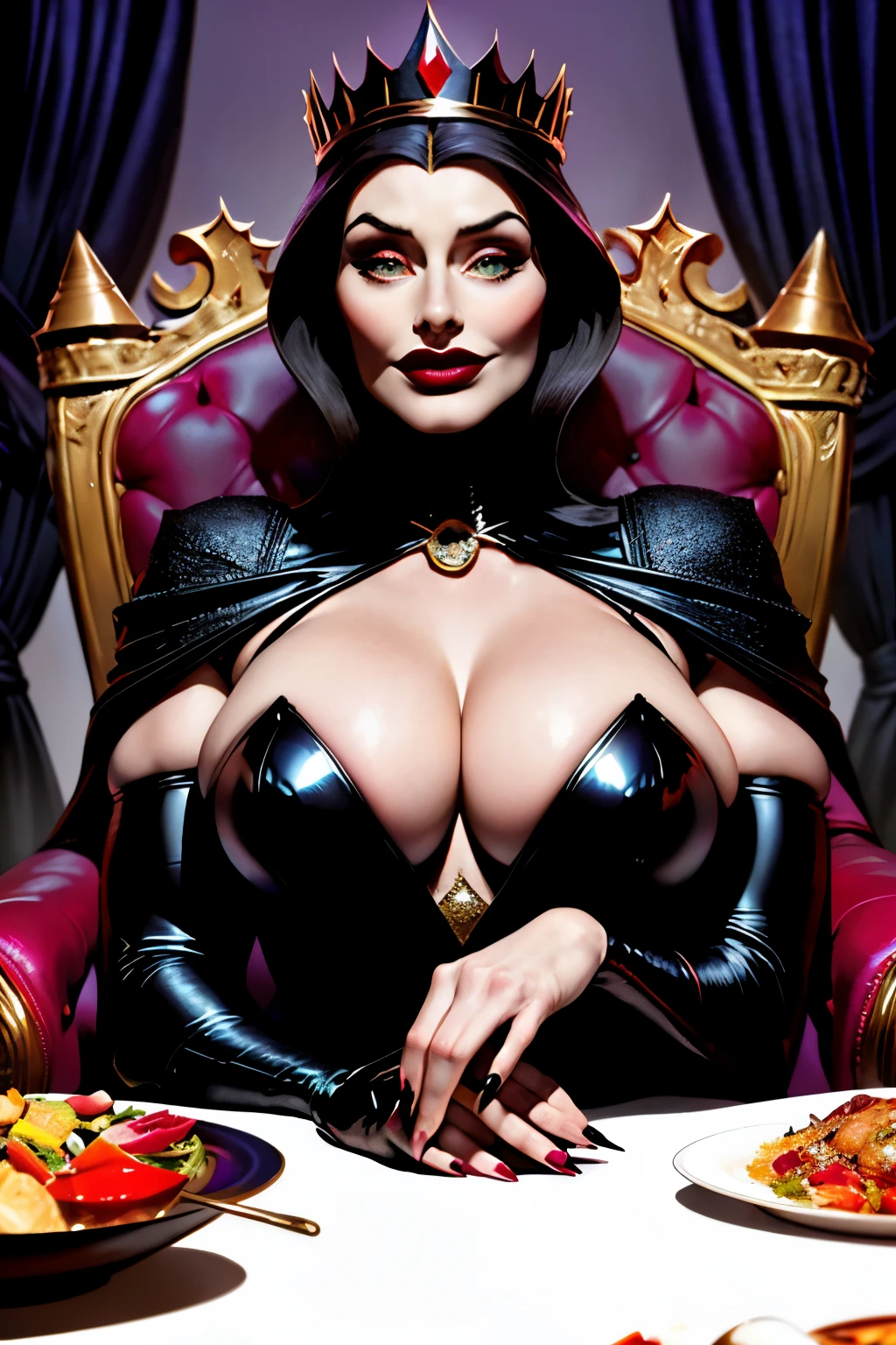 ((highest quality)), ((masterpiece)), ((be familiar with)), ((Accurate)), ((Realistic)), (Realistic), (Best Shadow), Cinematic, (Complex:1.4), High contrast, Side lighting, 8K, ((Bryce Dallas Howard)), ((Accurate手と指)), ((Evil Queen)), 43-year-old Caucasian female、(Black Hair、short hair)、(Voluptuous body)、(Large Breasts)、(Cleavage)、Narrow waist、(Big Ass)、glamorous、Beautifully grown black nails、Black glitter lipstick、Black and purple robe、(Sitting in a luxurious chair)、(dinnerを食べているEvil Queen)、smile、Drinking wine、(A variety of sumptuous dishes on the table)、Dinner party、((Bust Shot))、(Close-up of face)