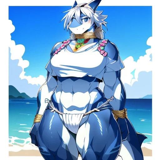 hi res,(((shark, finless shark))), (((not furry))), anthro, ((((((hair(head))))))), aqua blue eyes, ((((((( rokushaku fundoshi, ))))))), (((( female, anthro, female, slightly chubby)))), female, anthro, female, slim, Skinny, tail, adults, mature, (((SFW))), ((((((((solo)))))))), (((((((((((((female))))))))))))), ((((((kneeling, crouching)))))), arms behind back, outside, plant, light blue body, sea, tree, (water), detailed background,by milkytiger1145,by takemoto arashi,by null-ghost, cold atmosphere, open smile, soft blue blush, single fin, ((((((((wearing white tshirts, clop tshirts)))))))), ((((((juicy thighs, thighs, thick thighs, thick calves, wide hips, wide pelvis, curvy figure, volu\ptu\ous figure, both feet are close together., \hourglass \figure,, female body)))))), front view