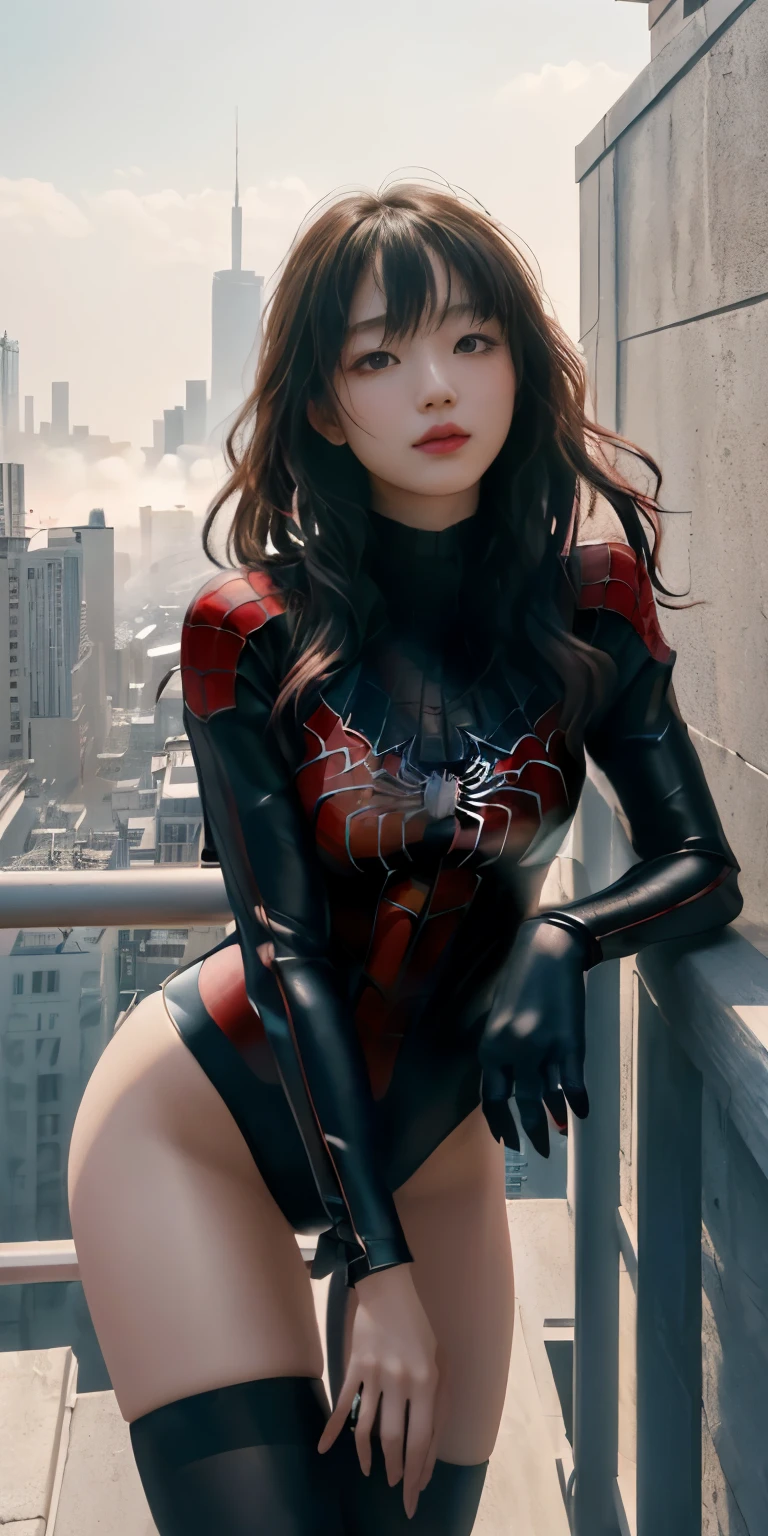 (One girl:1.3), alone, (((Very Detailed face)))), ((Very detailedな目と顔)))), beautifulディテールの目,Spider Girl、beautiful生脚、beautifulへそ、beautiful乳、Big 、 Body parts__, Official Art, Unified 8k wallpaper, Very detailed, beautiful and beautiful, beautiful, masterpiece, 最high quality, Leotard Spider Suit、original, masterpiece, Ultra HD Photos, 最high quality, Ultra-high resolution, Realistic realism, sunlight, Full body portrait, Great beauty, Dynamic pose, Delicate face, Vivid eyes, (from the front), She's wearing a Spider-Man suit, Red and black color scheme, Spider, Very detailedな都市の屋根の背景, rooftop, Overlooking the city, Detailed face, Detailed, intricate and busy background, Messy, nice, milky, Very detailedな肌, Realistic skin detail, Visible pores, Clear focus, Volumetric Fog, 8K Ultra HD, Digital SLR, high quality, Film Grain, Fair skin, Photorealistic, Lomography, Future dystopian megalopolis, translucent