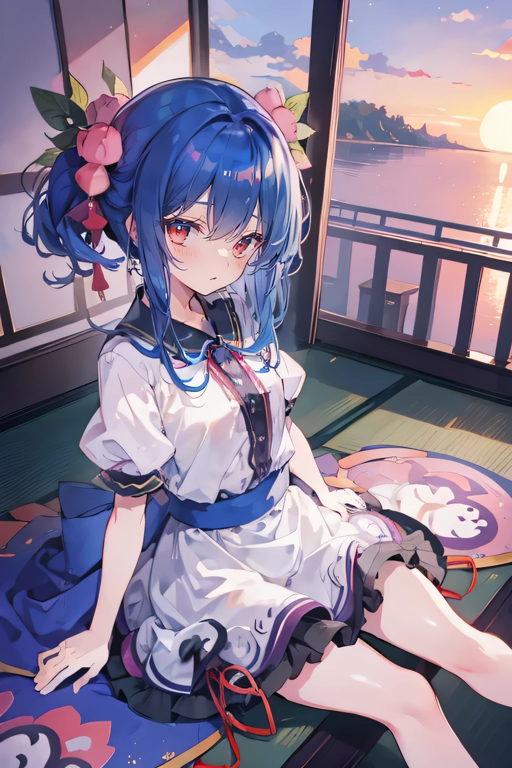 (best quality, masterpiece:1.2), expressive eyes, perfect face, 1 girl, hands on waist, beautiful, gorgeous, Japanese animation, Lola, Hinamori Angel, blue hair, floating clothes, waist grab, waist grab, hands on hips, sitting, sitting on the ground, legs on the ground, flat-chested, falling petals, sitting in a pavilion, pavilion,sunrise,Petals fall,