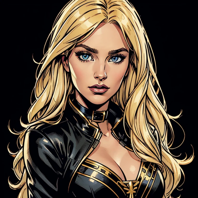 Draw a beautiful white woman, she is wearing a black jacket, she has a black collar with golden details, she has a beautiful long blonde hair with a fringe, she has beautiful eyes, her face is pretty, very beutiful, high resolution, 4k, 8k, masterpiece, high detailed, american comic book style image
