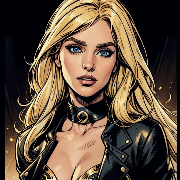 Draw a beautiful white woman, she is wearing a black jacket, she has a black collar with golden details, she has a beautiful long blonde hair with a fringe, she has beautiful eyes, her face is pretty, very beutiful, high resolution, 4k, 8k, masterpiece, high detailed, american comic book style image
