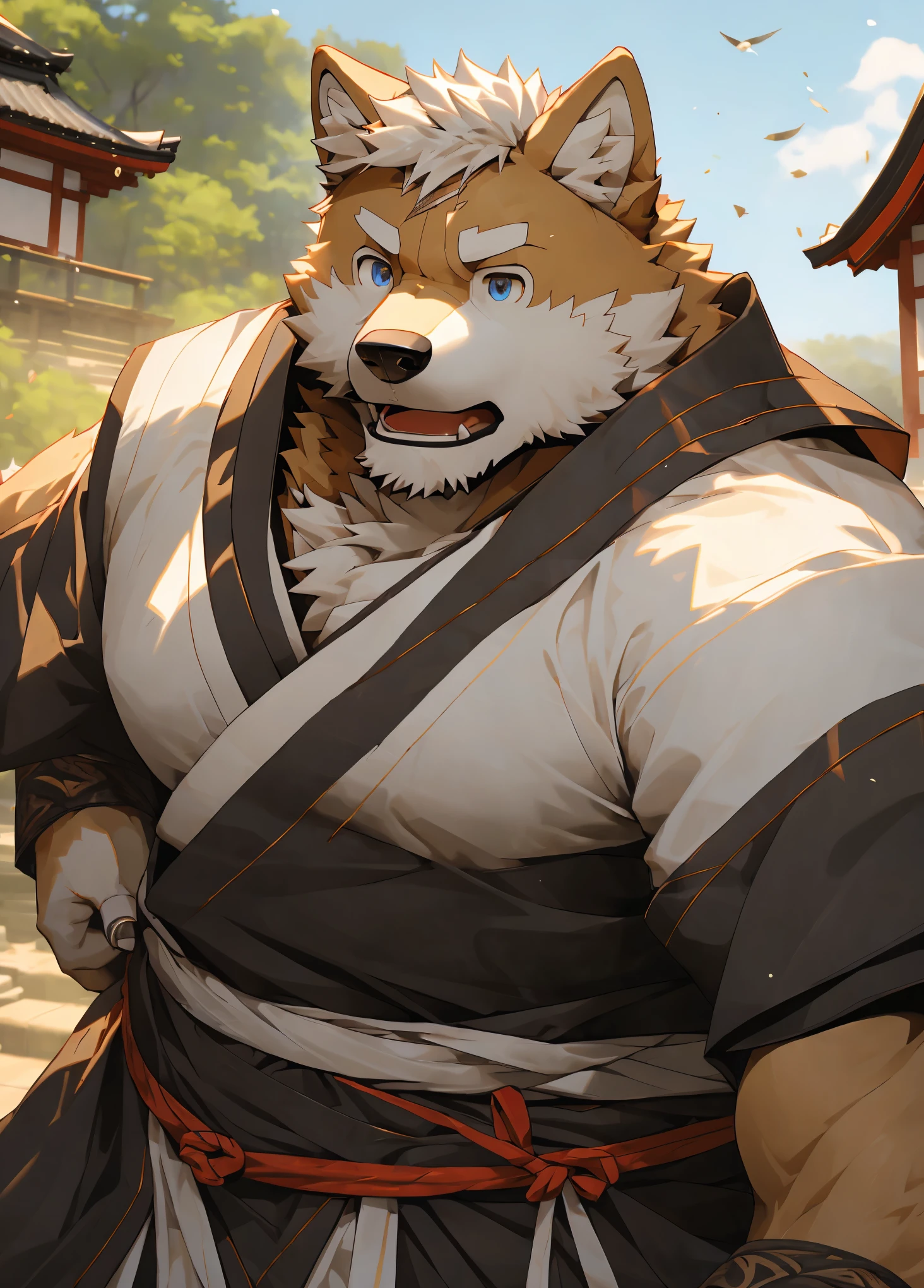 (masterpiece)，(Very detailed)，(best quality)，hairy，Shiba Inu，fur，white hair，Gray pupil，(Japan samurai costume)，((expression))，8k，(high quality)，(Ultra HD)，(Ultra Detailed)