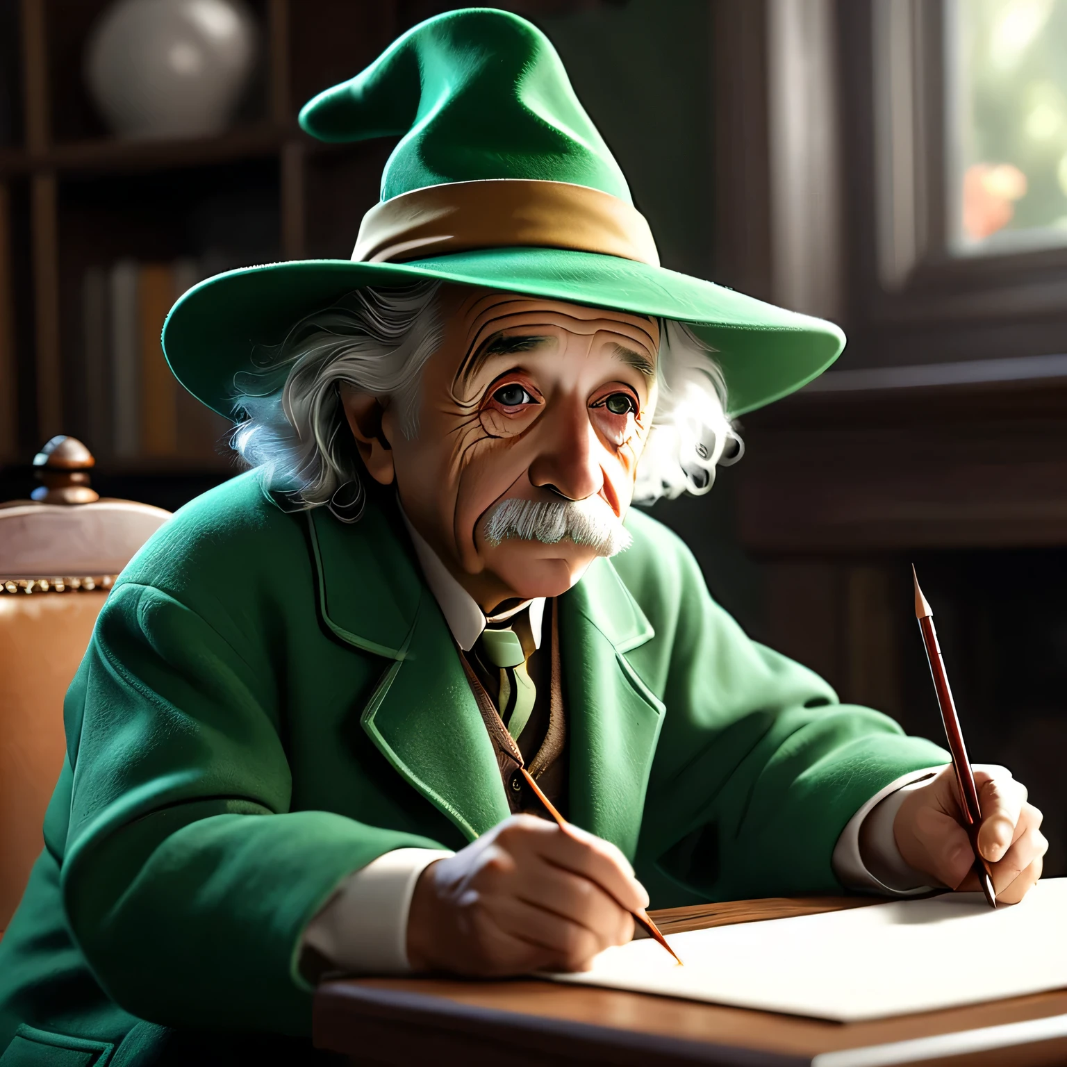 Albert einstein, bruxo, wizard hat, roupa verde, ultra hd, realista, cores vivas, Altamente detalhado, Desenho UHD, folhas e tinta, perfect composition, linda, detalhada, intrincada, insanamente detalhada, octane rendering trend in artstation, 8k art photography, photorealista concept art, soft natural volumetric cinematic perfect light