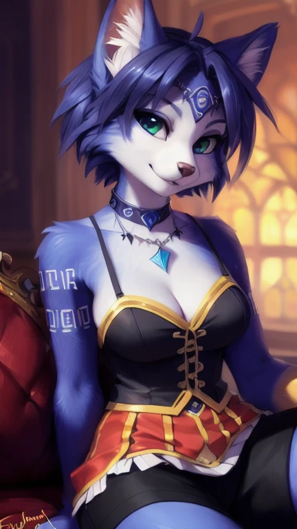 A beautiful and detailed (sweet portrait) von ((Krystal)), Sternenfuchs Krystal, Schlank, liebenswert, green eyes, medium breasts, (Lange blaue Haare 1.3), Dekollete, Grinsen, hoch schauen,, anthro, Pelzig, Hochgeladen E621, detailed flauschige fur, (von Fluff-Kevlar, Bayard Wu, personalami, Pino Daeni), detailliertes Gesicht, (flauschige), 1 girl, Allein, auf einem sofa sitzend, alltagskleidung, heller pullover 1.3, schwarze hose